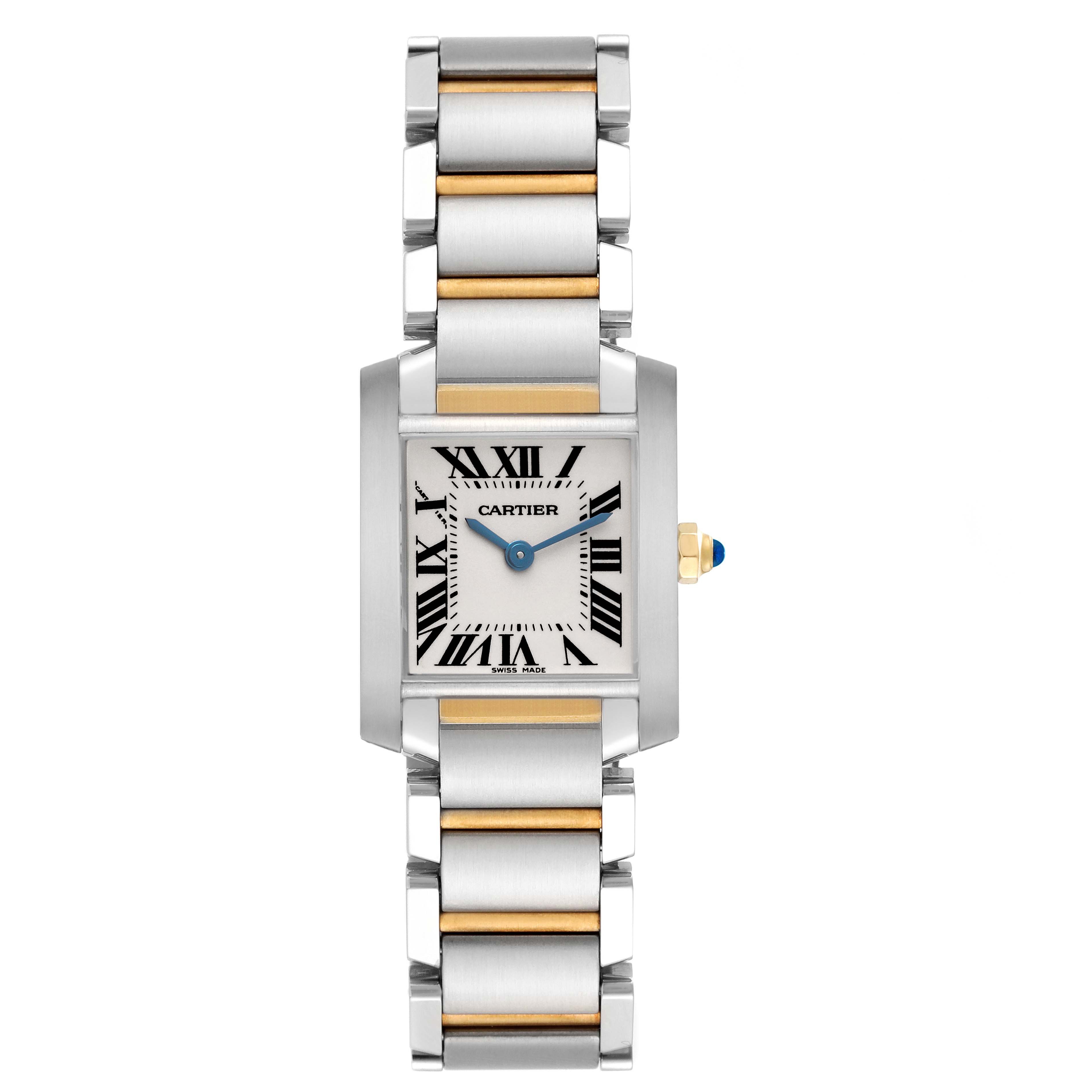 The Cartier Tank Française watch is shown from a top-down angle, displaying the face and full bracelet.