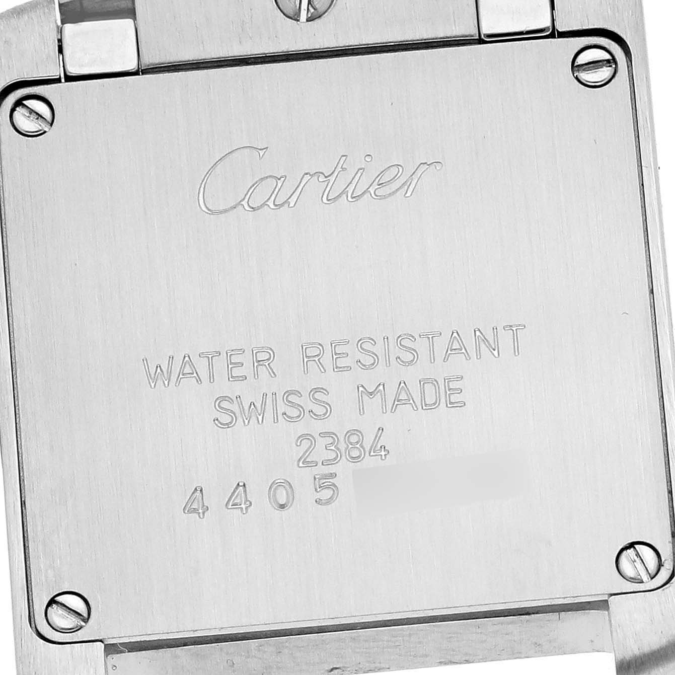 The Cartier Tank Française watch is shown from the back, displaying the brand name and water resistance details.