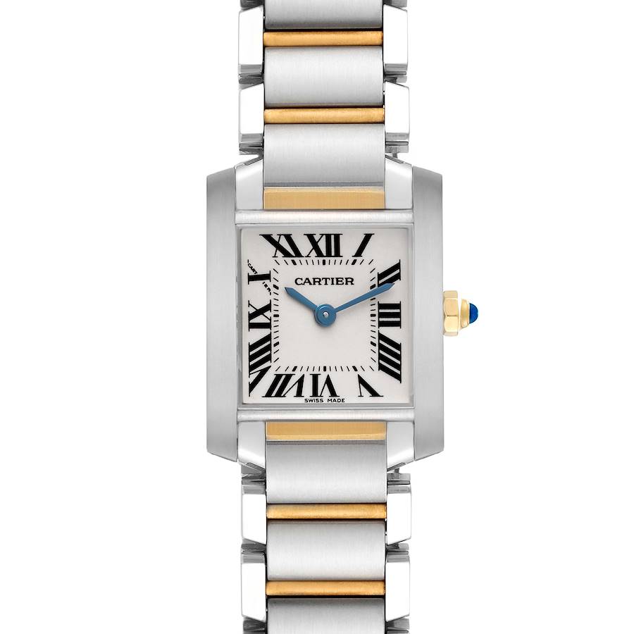 The Cartier Tank Francaise watch is shown from a front angle, highlighting the dial, case, and two-tone bracelet.