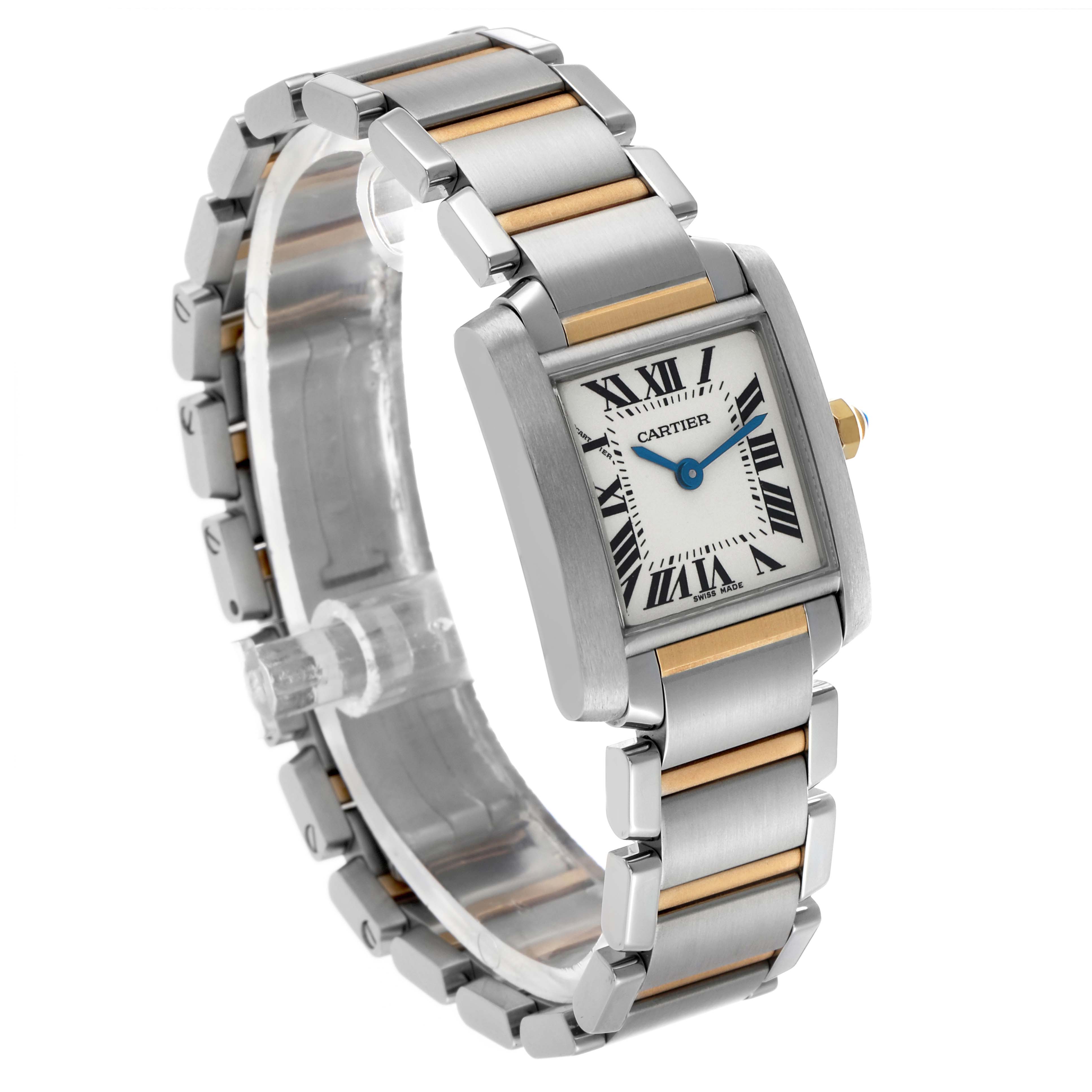 The Cartier Tank Française watch is shown at a three-quarter angle, displaying the face, bezel, and bracelet details.