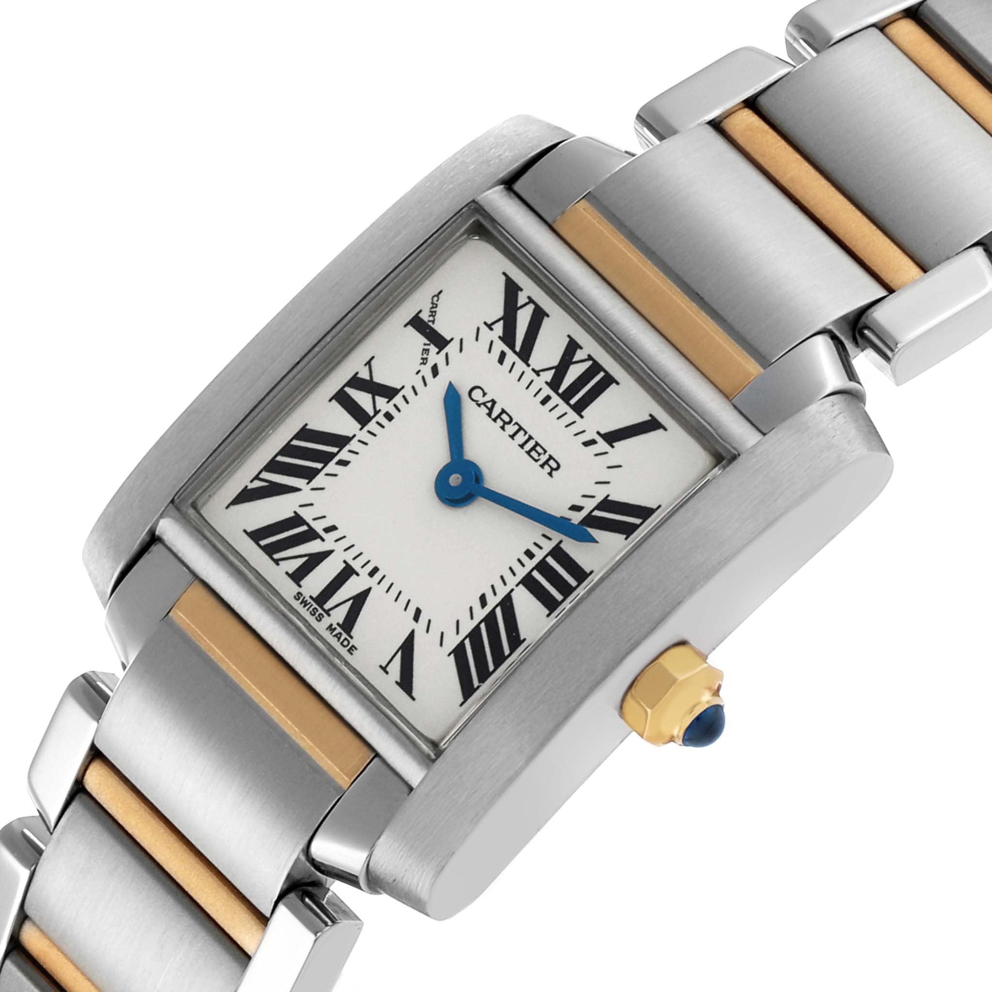 The Cartier Tank Française watch is shown at a slight angle, highlighting the dial, Roman numerals, blue hands, and two-tone bracelet.