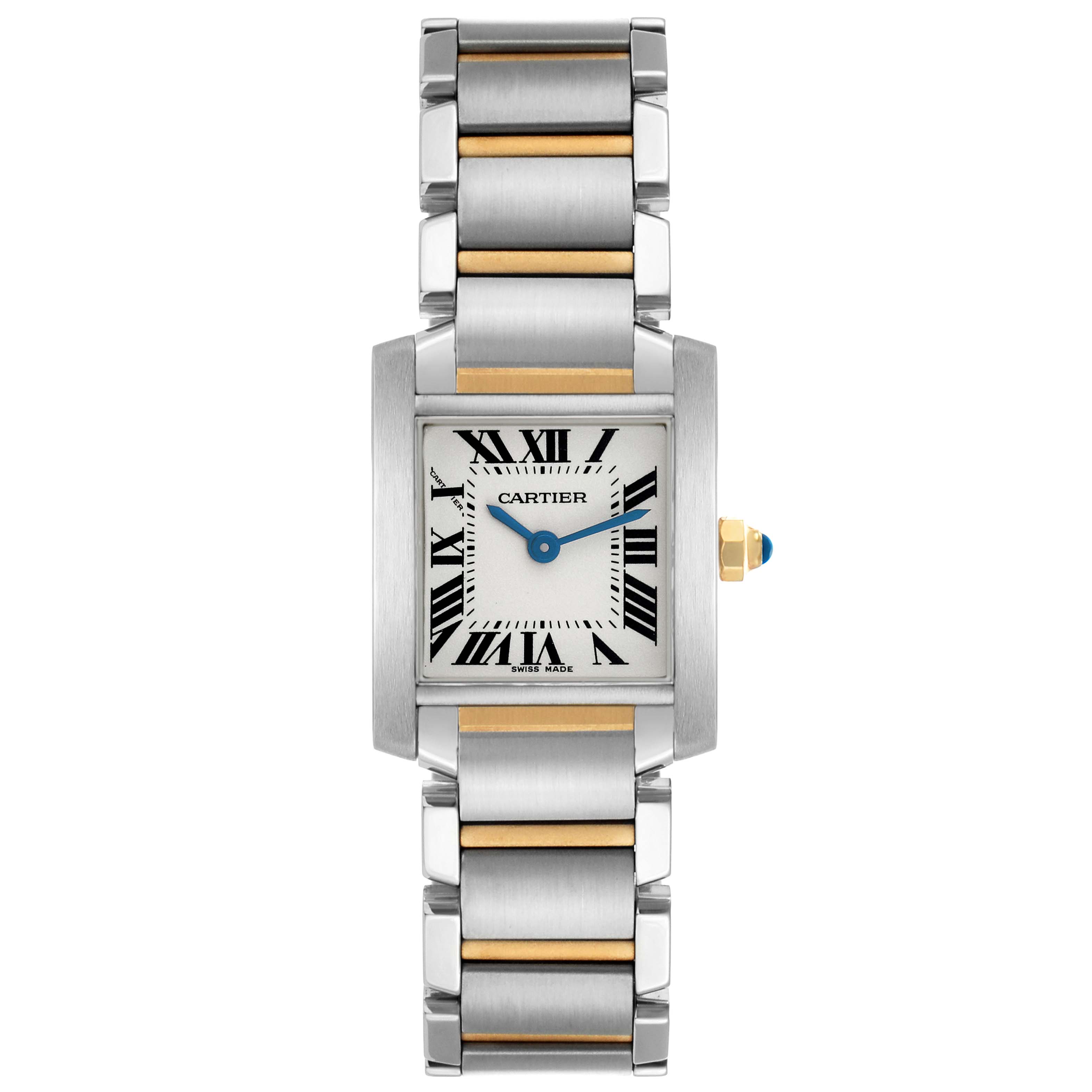 The Cartier Tank Francaise W51007Q4 Women's Steel and Gold (two tone) Silver Dial watch is shown from a frontal angle, displaying the face, bezel, and bracelet.