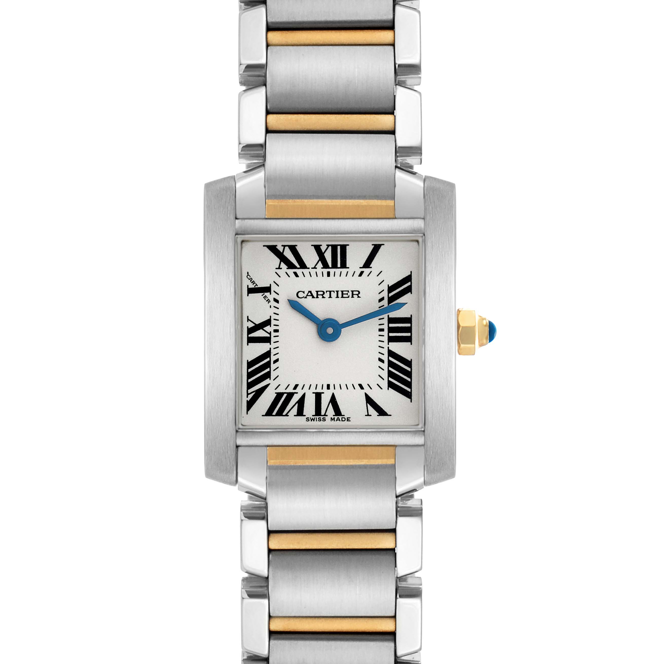 The Cartier Tank Française watch is shown from the front, highlighting the face, hands, Roman numerals, and two-tone bracelet.