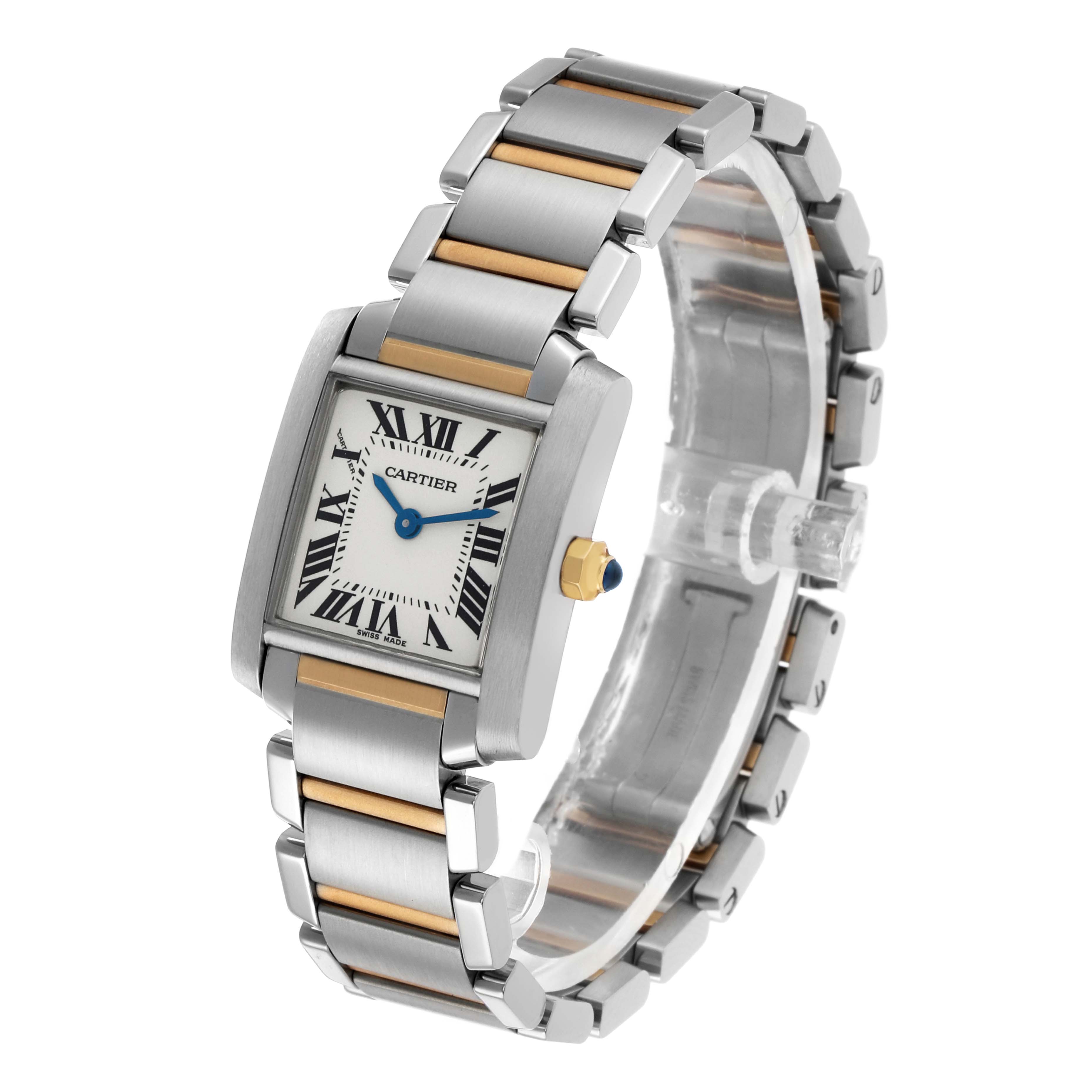 The Cartier Tank Française watch is shown at a three-quarter angle, highlighting the bracelet, face, and crown.