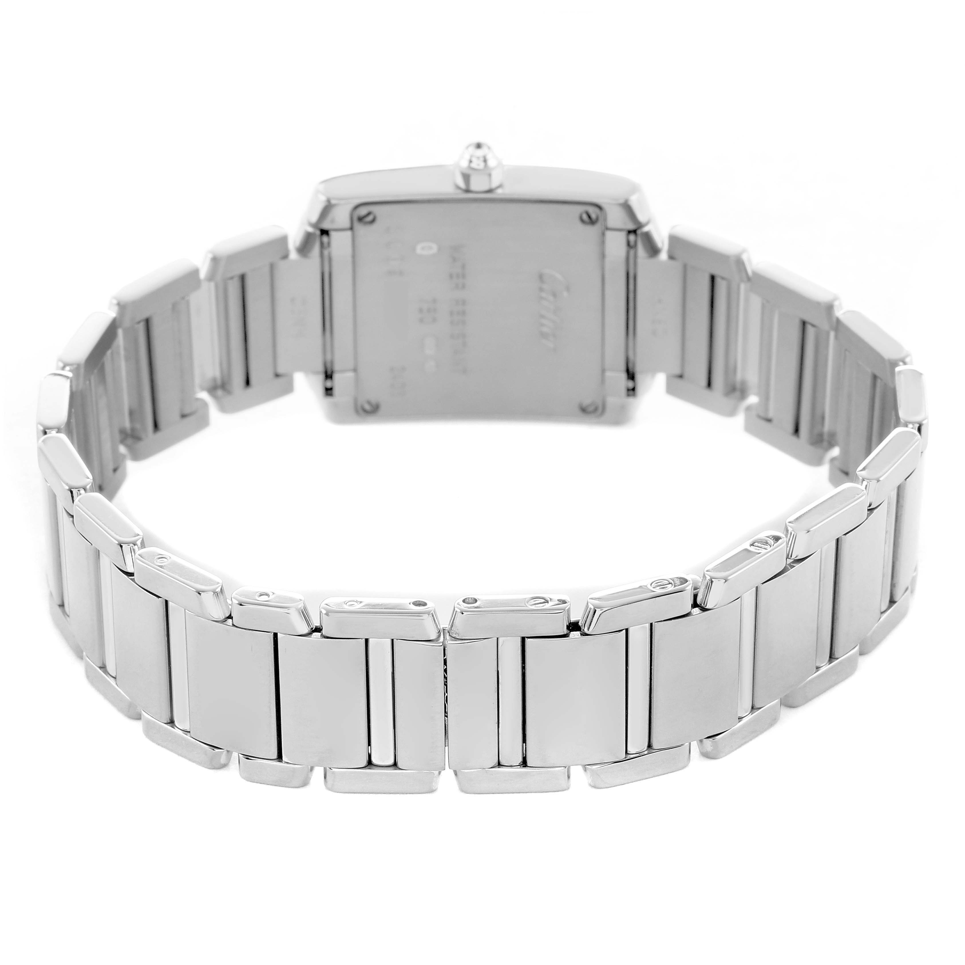 The image shows the back angle of the Cartier Tank Française watch, highlighting the case back and metal bracelet.