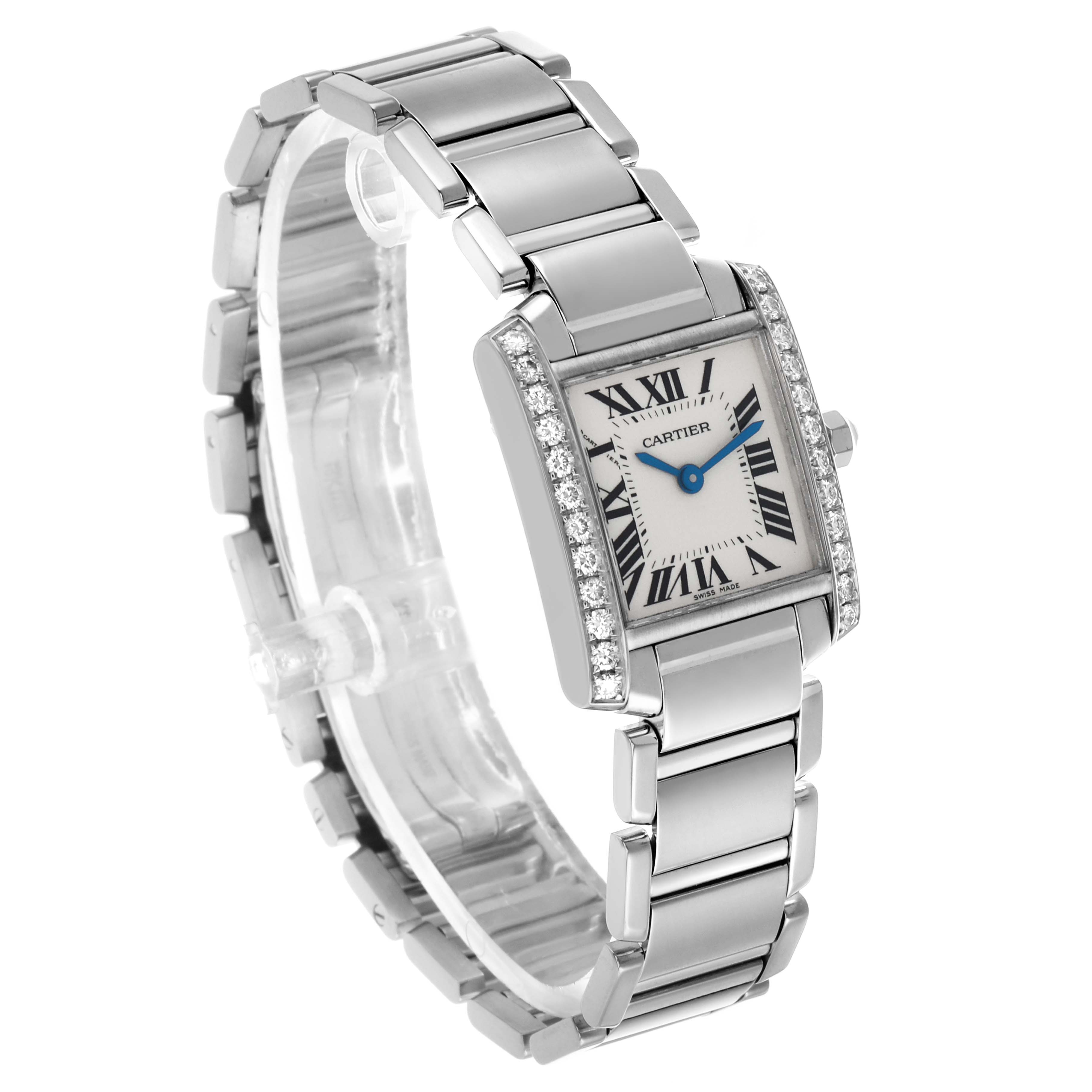The Cartier Tank Française watch is shown at a slight angle, highlighting its bracelet, diamond-set case, and Roman numeral dial.