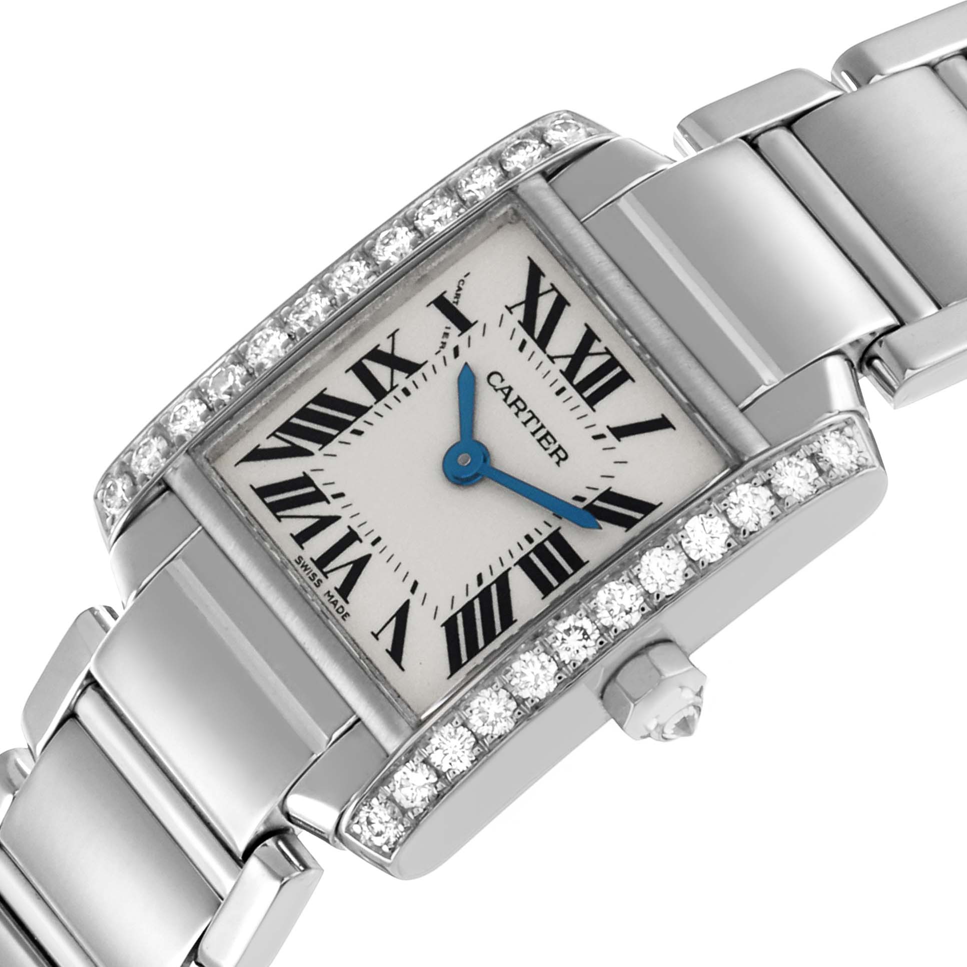 The Cartier Tank Francaise WE1002S3 Women's White Gold Silver Dial watch is shown from a tilted top view, highlighting the diamond-accented bezel and bracelet.