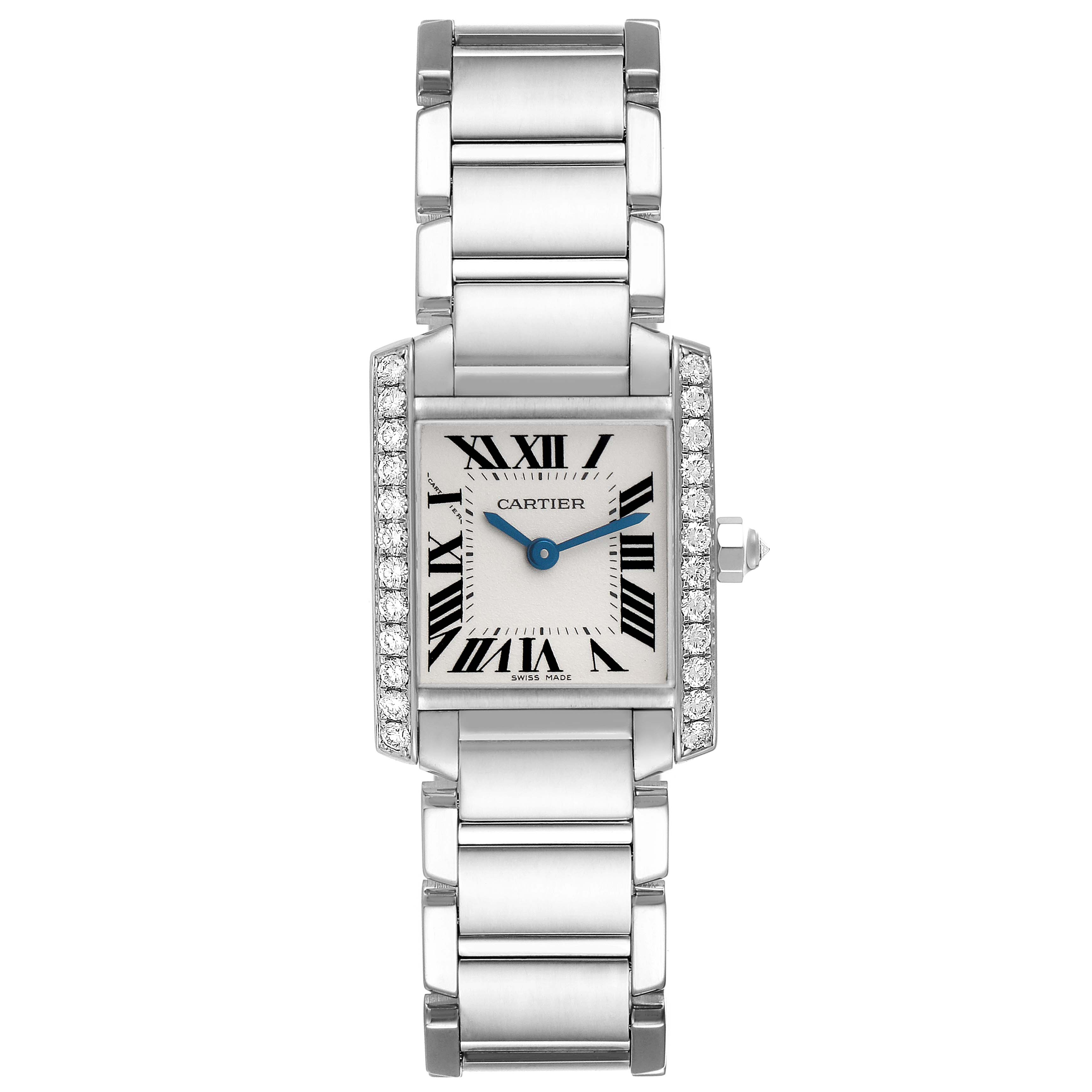 The Cartier Tank Française watch is shown from a frontal angle, highlighting its rectangular face, Roman numerals, bracelet, and diamond-set bezel.