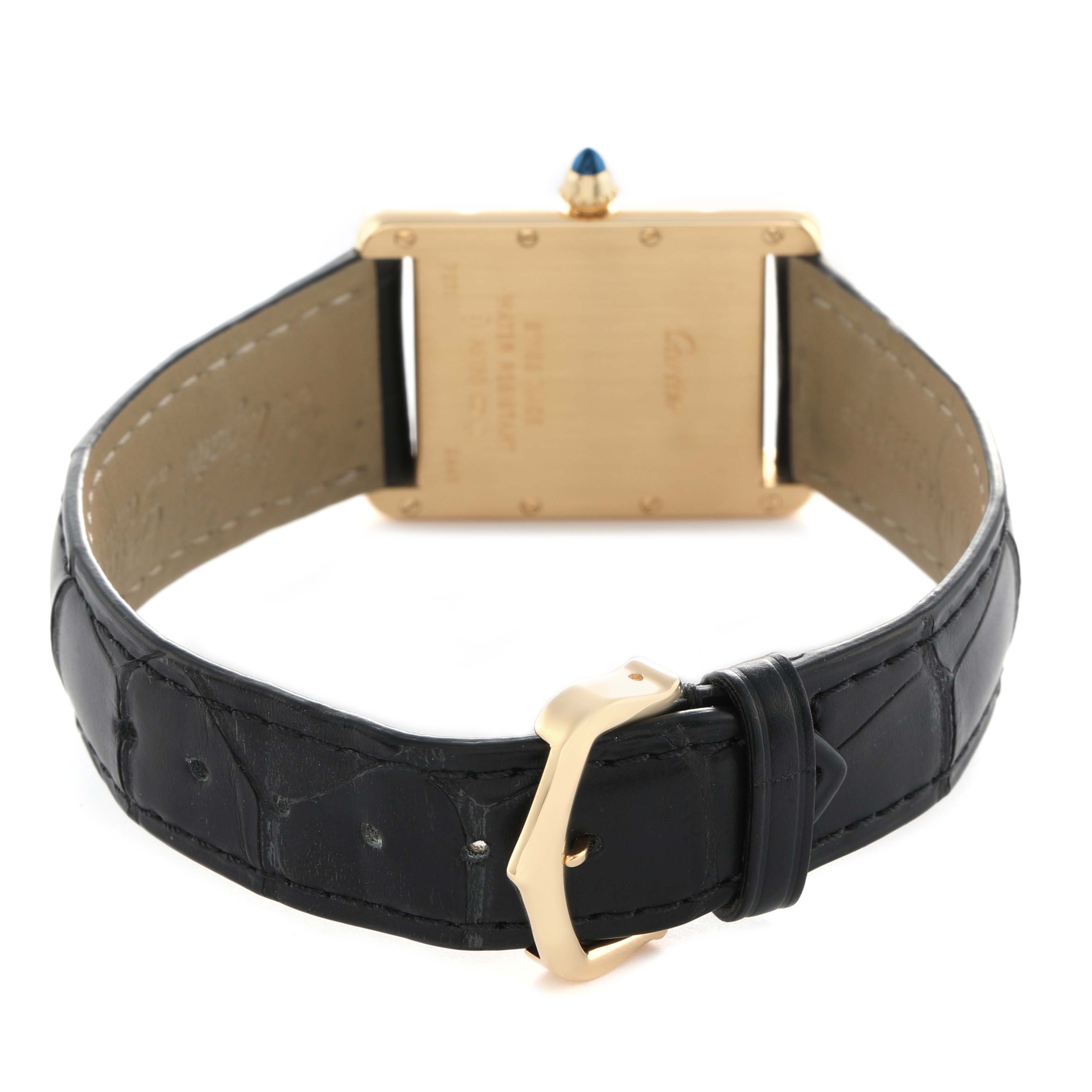 The image shows the back and strap of the Tank Louis by Cartier, featuring the back case and buckle of the watch.