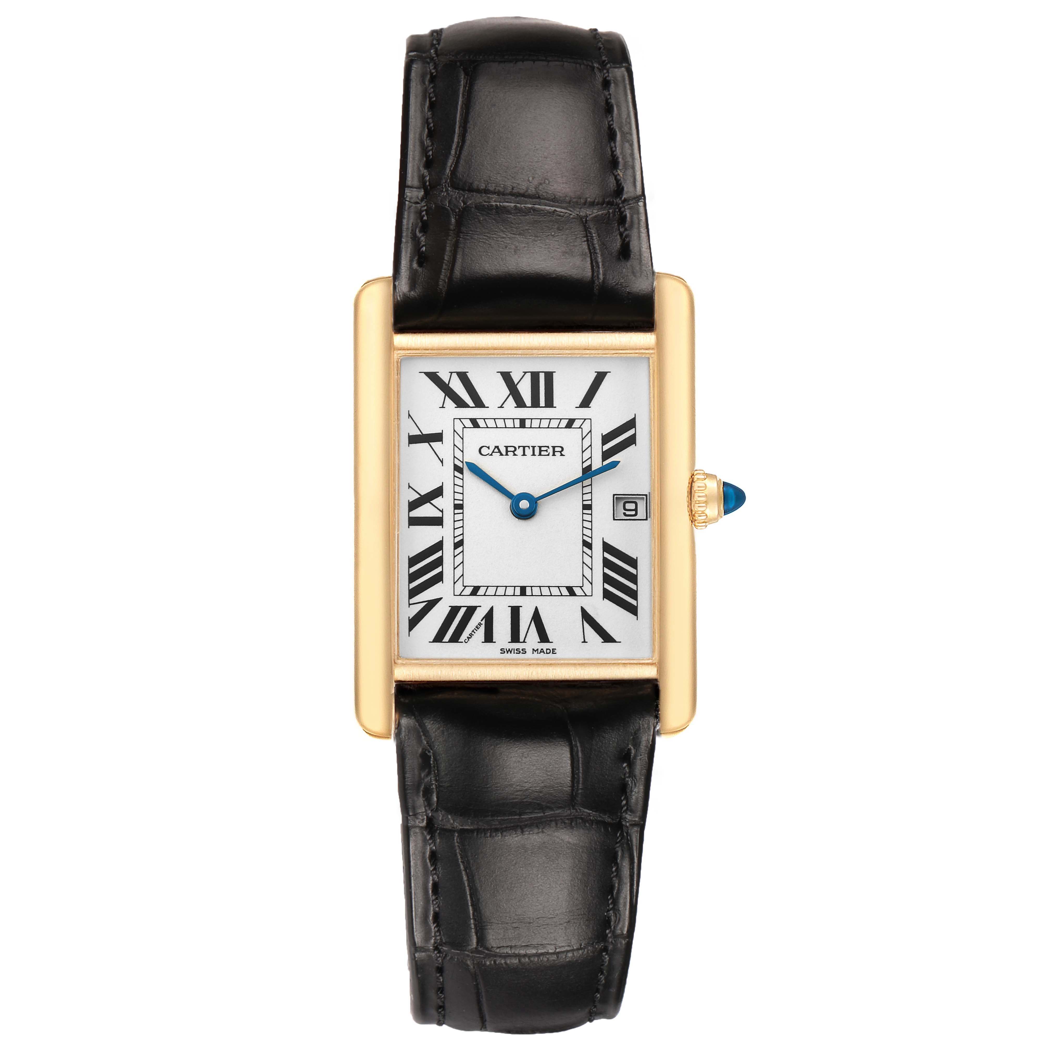 The image shows a front view of the Cartier Tank Louis W1529756 Men's Yellow Gold Silver Dial watch with a rectangular face, Roman numerals, and a leather strap.