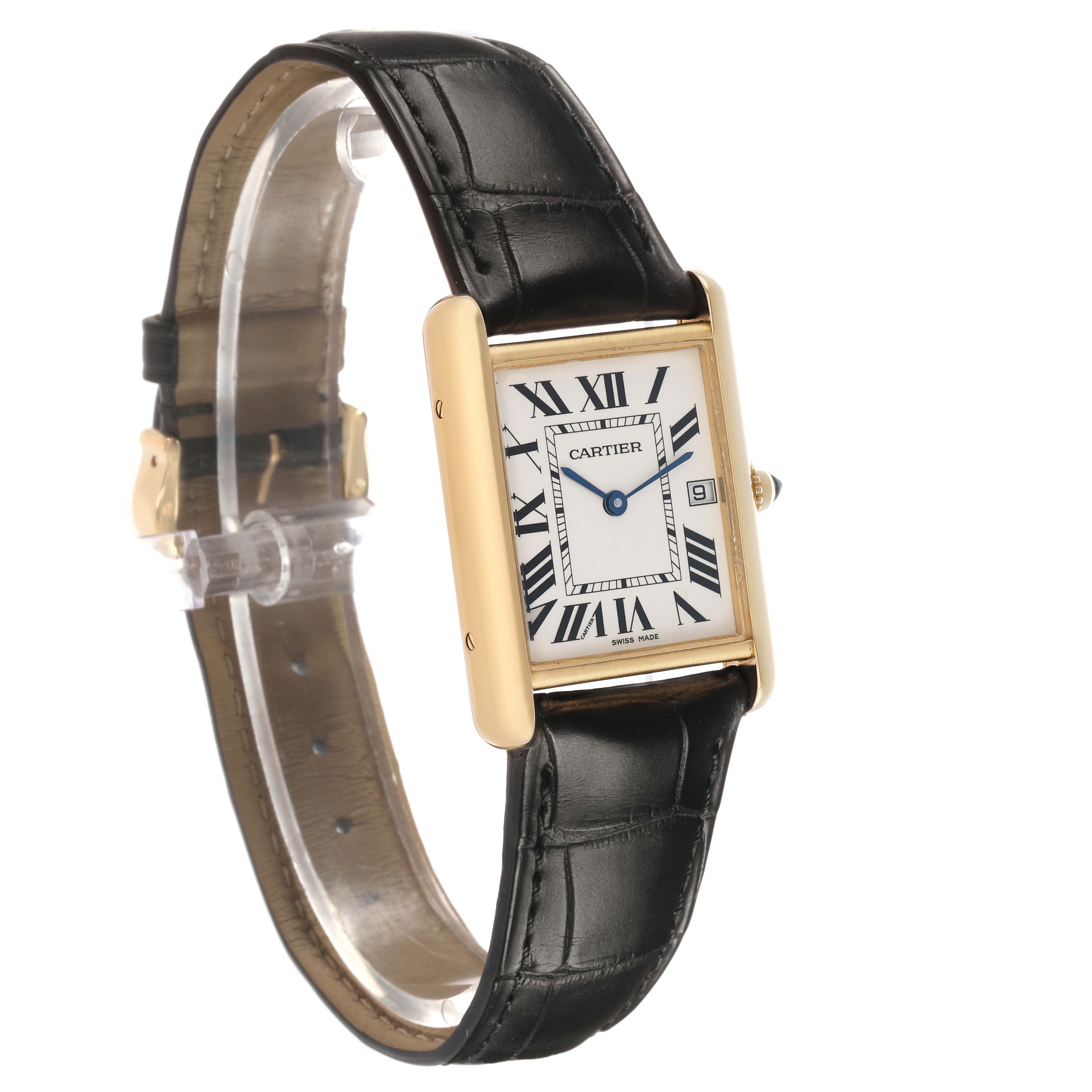 The Cartier Tank Louis W1529756 Men's Yellow Gold Silver Dial watch is shown at a slight angle, highlighting the face, gold casing, black leather strap, and side crown.