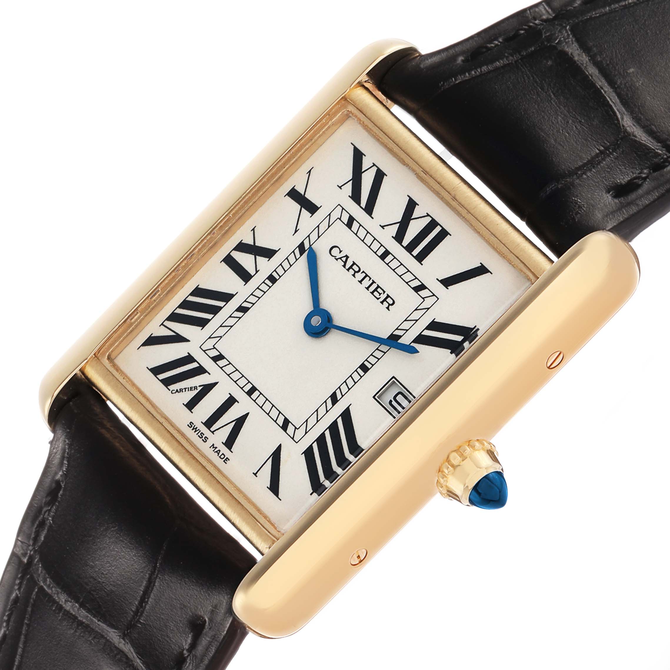 The Cartier Tank Louis W1529756 Men's Yellow Gold Silver Dial watch is angled to show the face, Roman numerals, gold case, and blue sapphire crown.