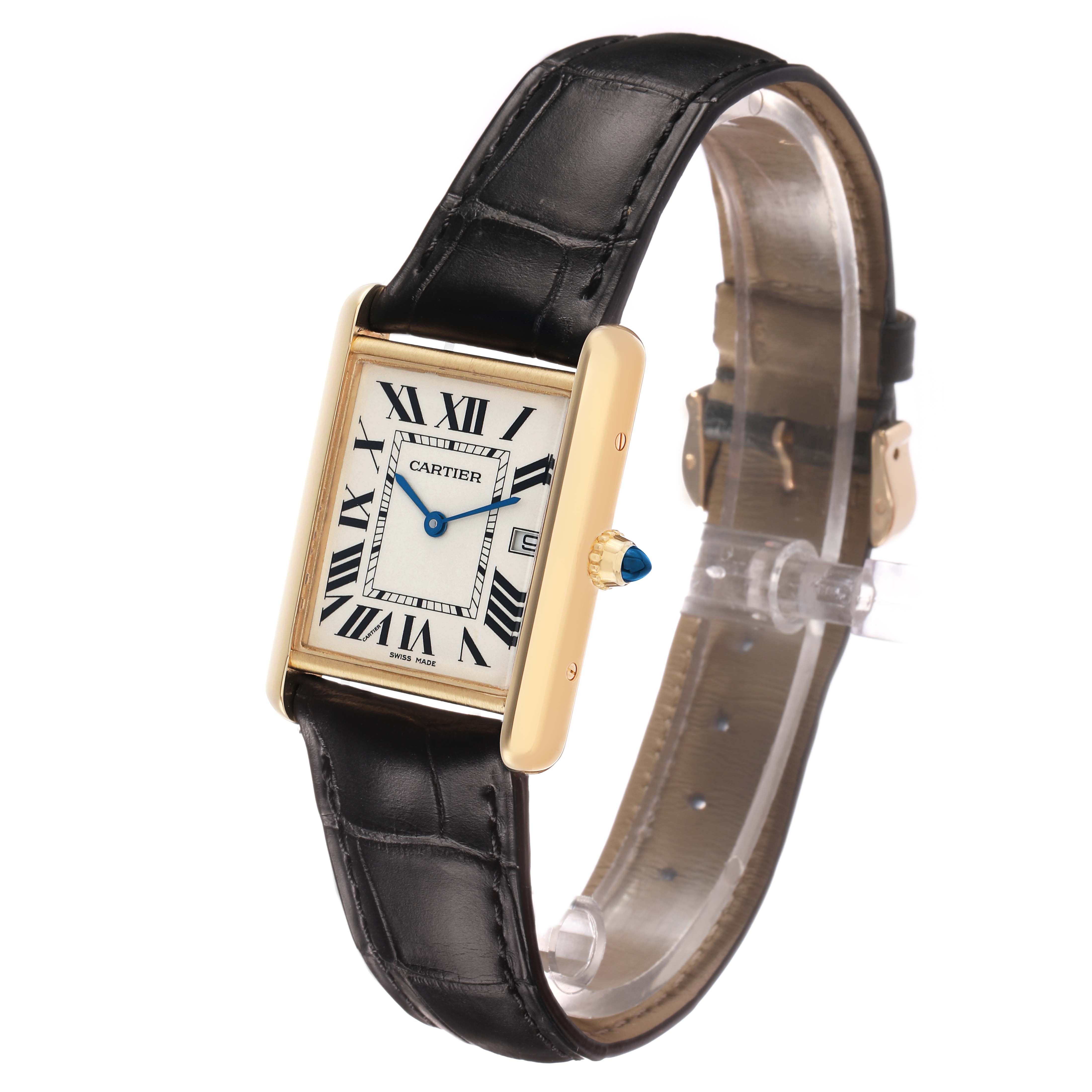 The Cartier Tank Louis W1529756 Men's Yellow Gold Silver Dial watch is shown from a side angle, highlighting the rectangular case, Roman numeral dial, and leather strap.