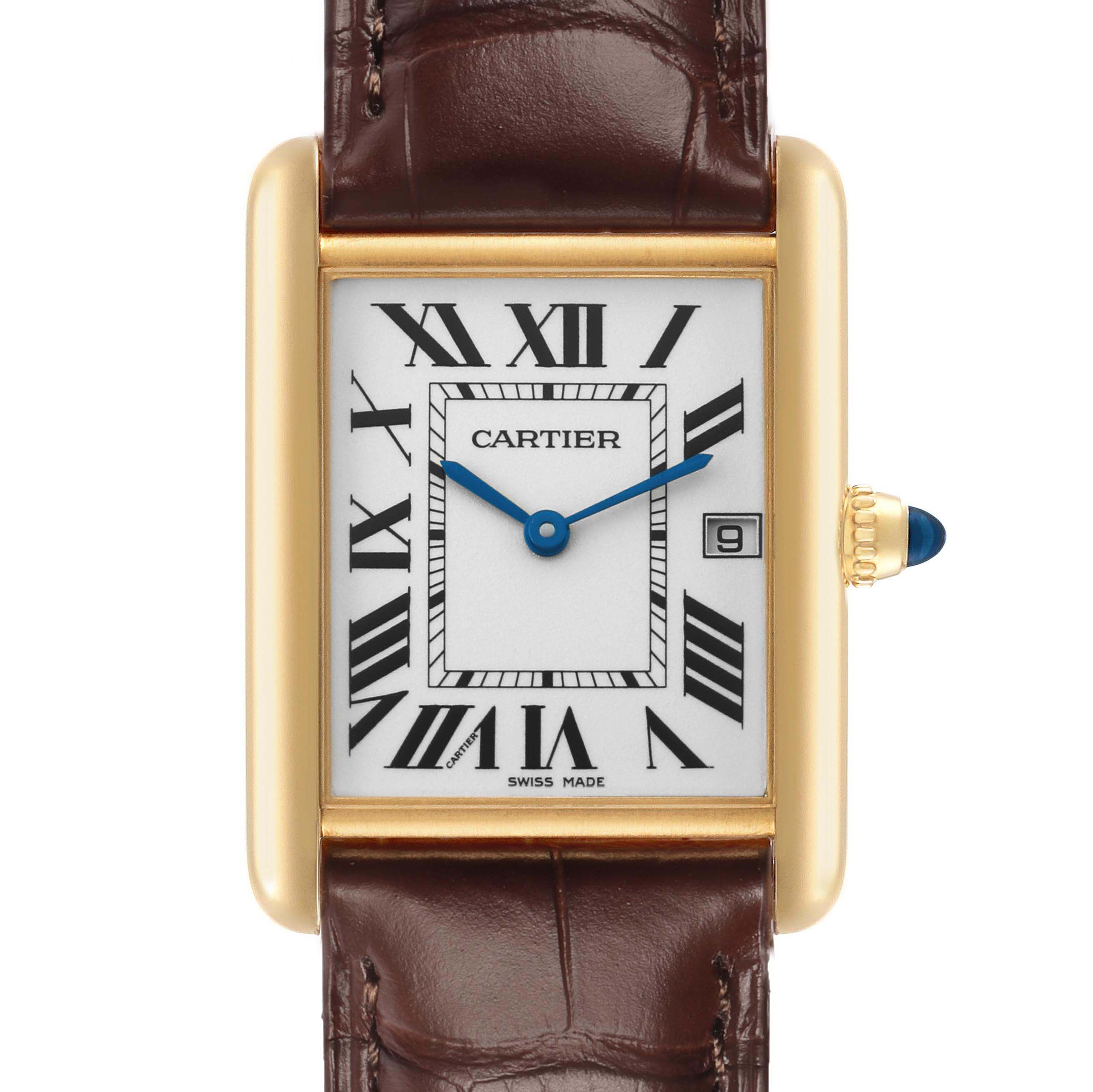 The Cartier Tank Louis W1529756 Men's Yellow Gold Silver Dial watch is shown from a front angle, displaying its face, crown, and leather strap.