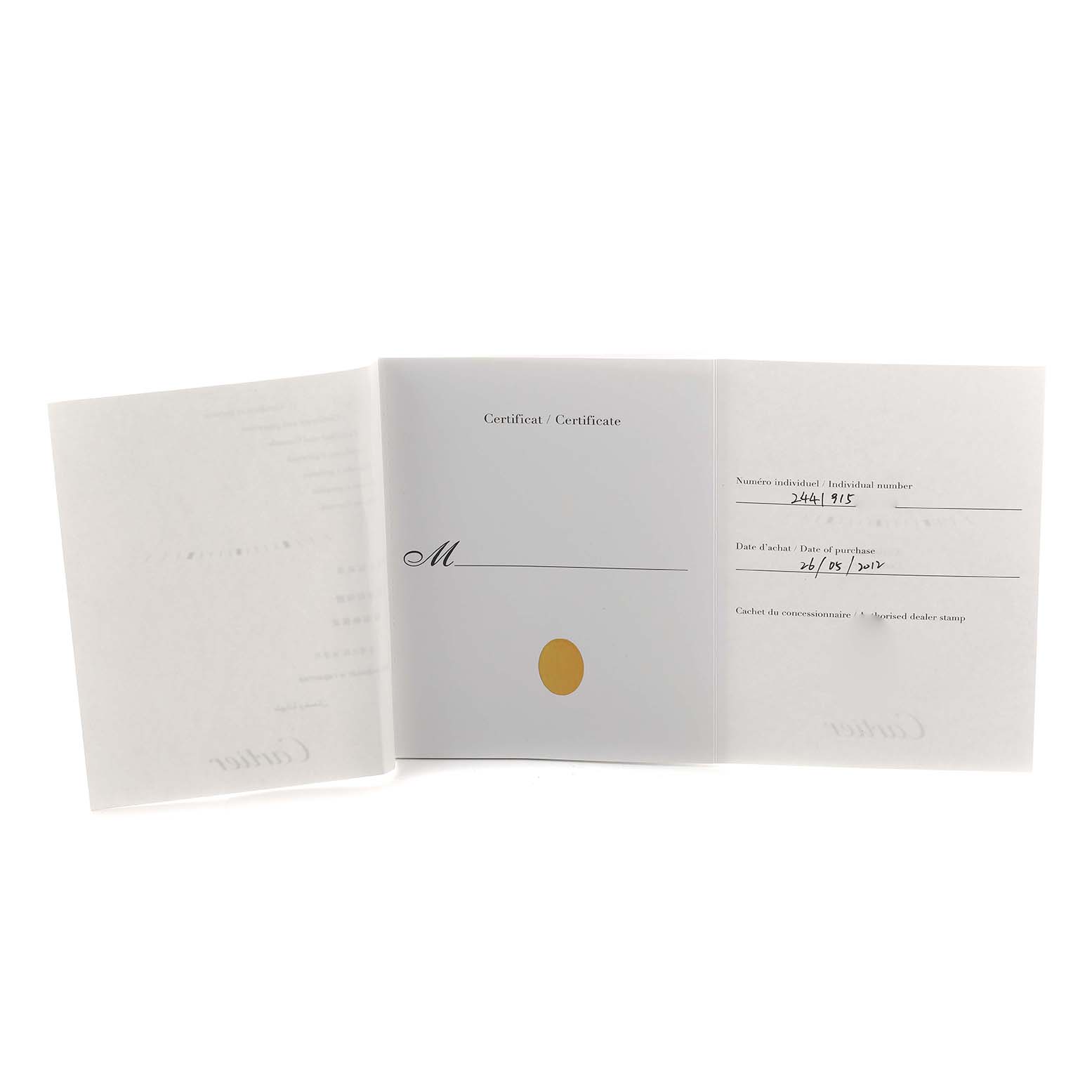 The image shows an open Cartier certificate booklet for the Tank Louis model, displaying purchase details and a space for a signature.