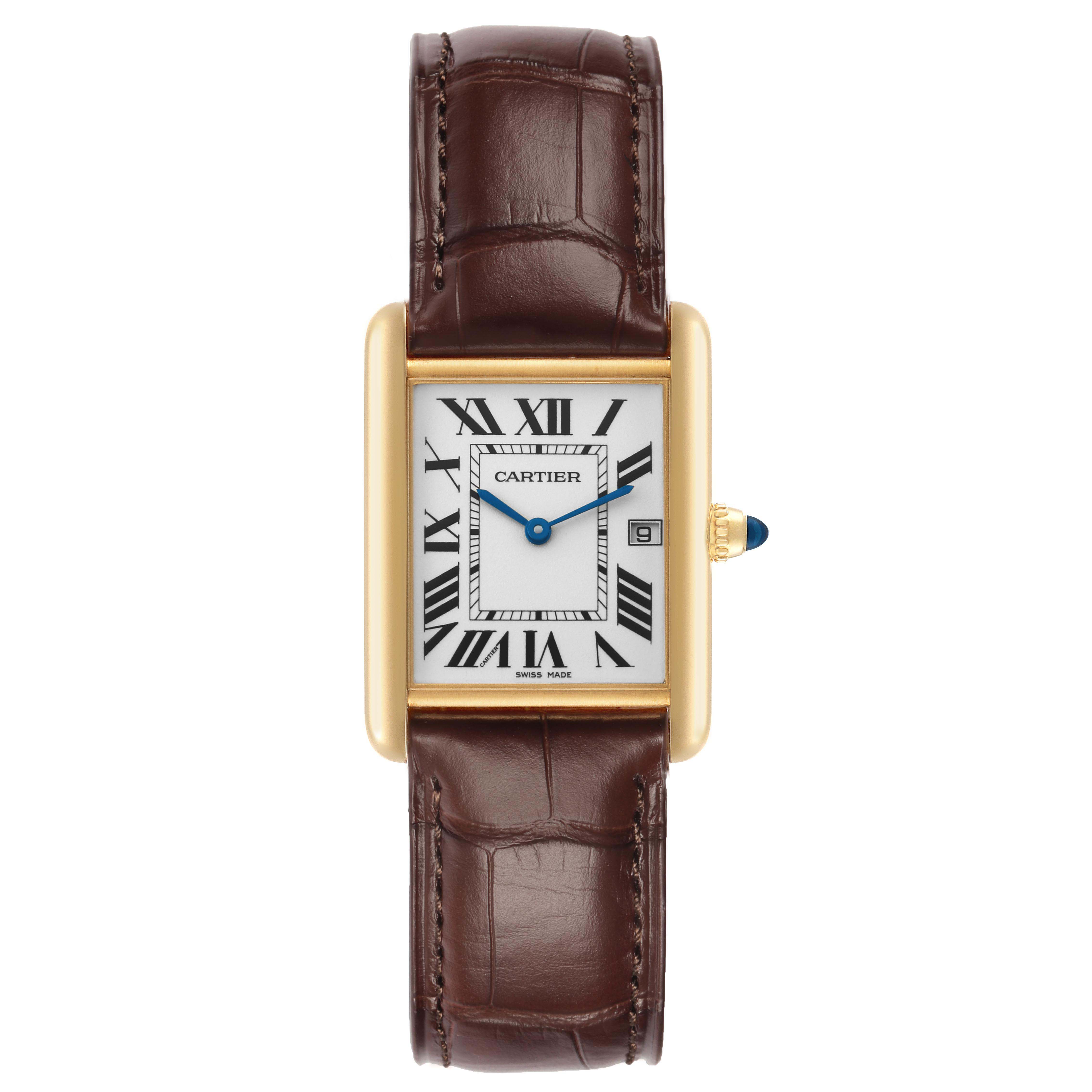 The Cartier Tank Louis W1529756 Men's Yellow Gold Silver Dial watch is shown from a front angle, highlighting its rectangular case, Roman numeral dial, and leather strap.