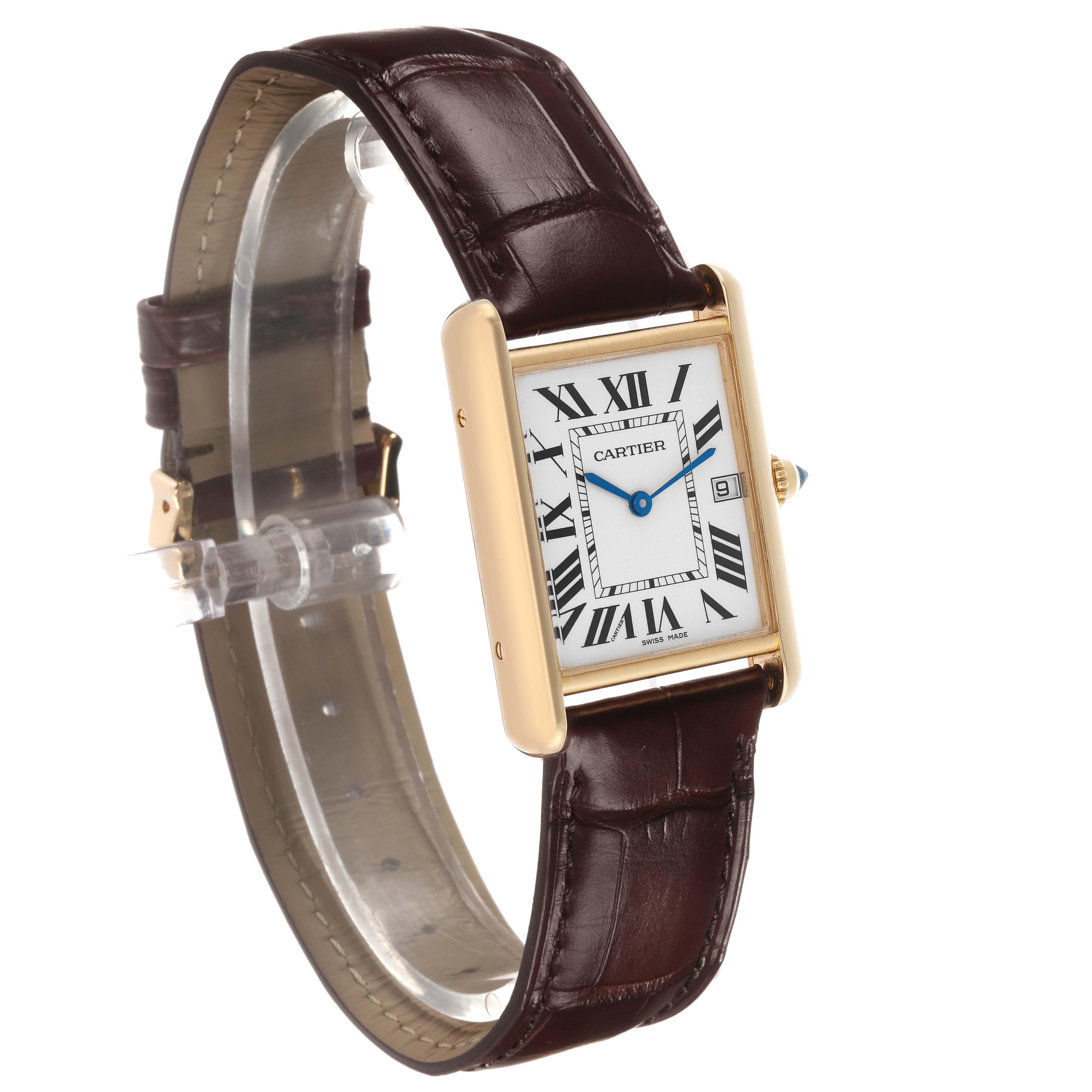The Cartier Tank Louis W1529756 Men's Yellow Gold Silver Dial watch is shown at a three-quarter angle, displaying the face, bezel, crown, and leather strap.