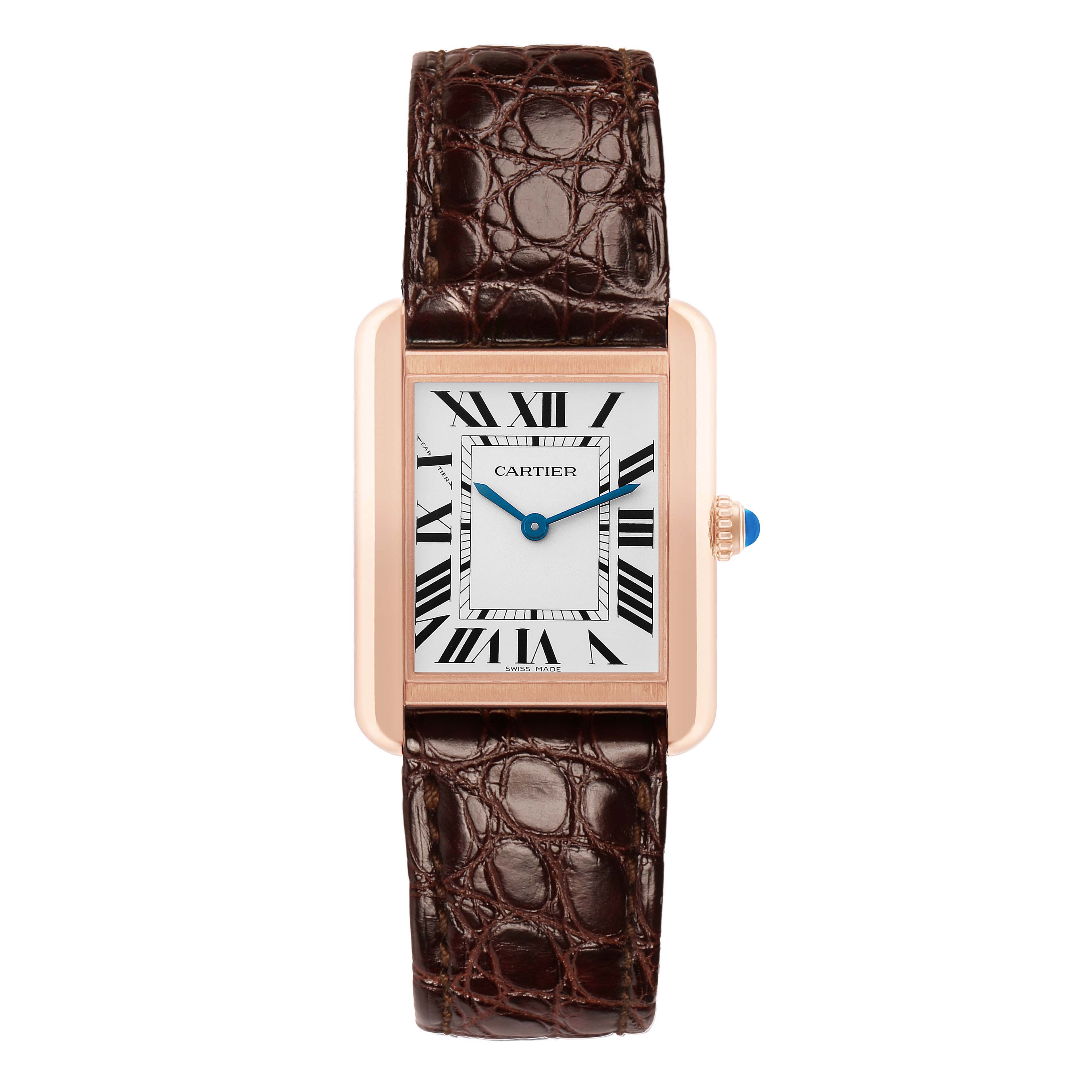 The Cartier Tank Solo W5200024 Women's Rose Gold Silver Dial watch is shown from the front, displaying its rectangular dial, Roman numerals, and brown leather strap.