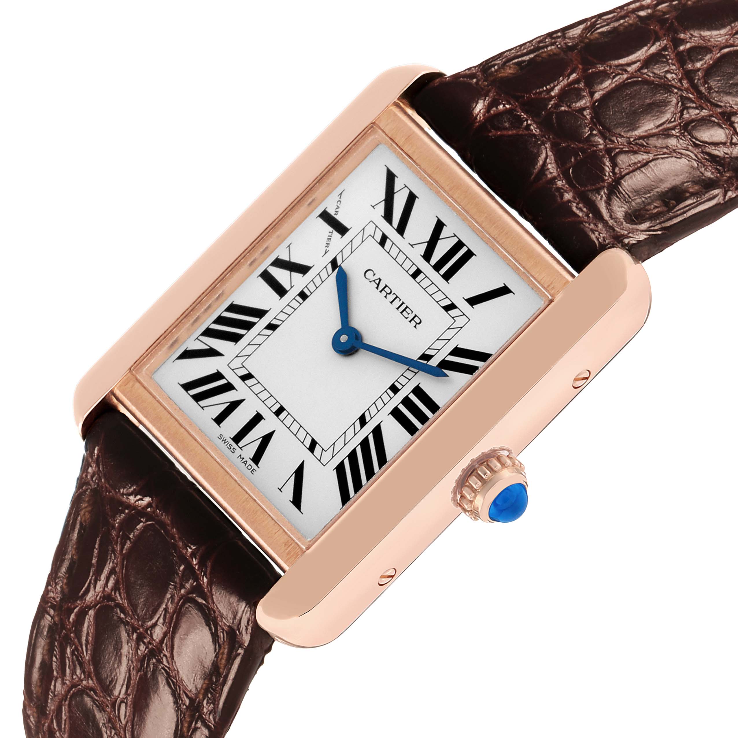 The Cartier Tank Solo W5200024 Women's Rose Gold Silver Dial watch is shown at an angled side view, highlighting the face, crown, and brown leather strap.