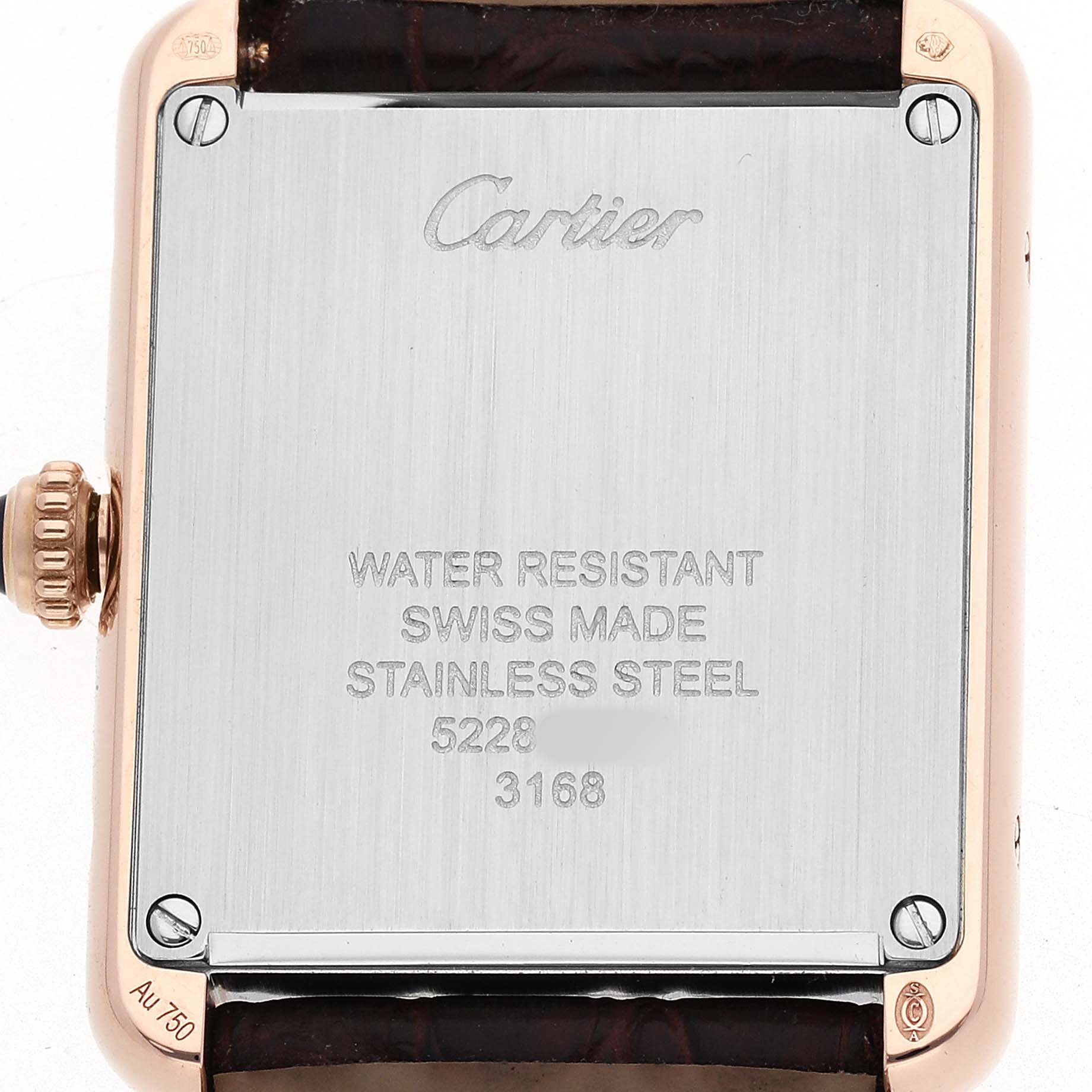 The image shows the back of a Cartier Tank Solo W5200024 Women's Rose Gold Silver Dial watch, highlighting its water-resistant stainless steel case and engravings.