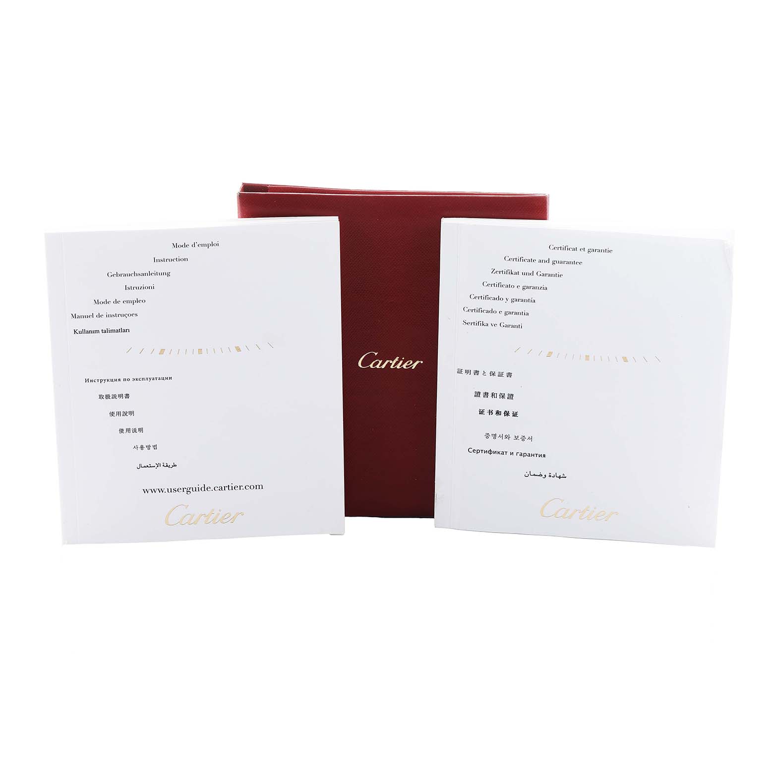 The image shows a red Cartier box and manuals for a Tank Solo model by Cartier, focusing on packaging and documentation.