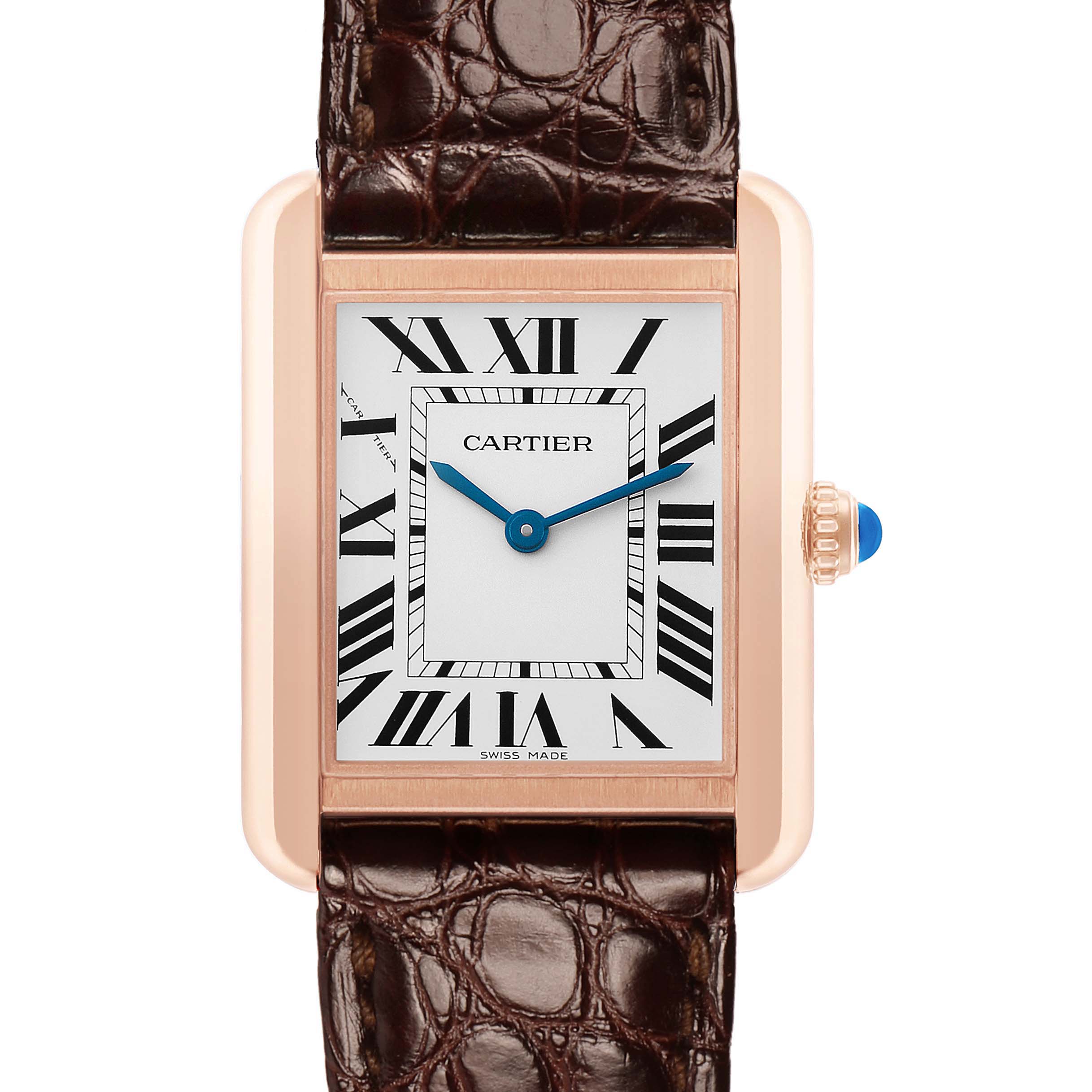 The Cartier Tank Solo W5200024 Women's Rose Gold Silver Dial watch is shown from the front, displaying its rectangular face, brown leather strap, and blue hands.