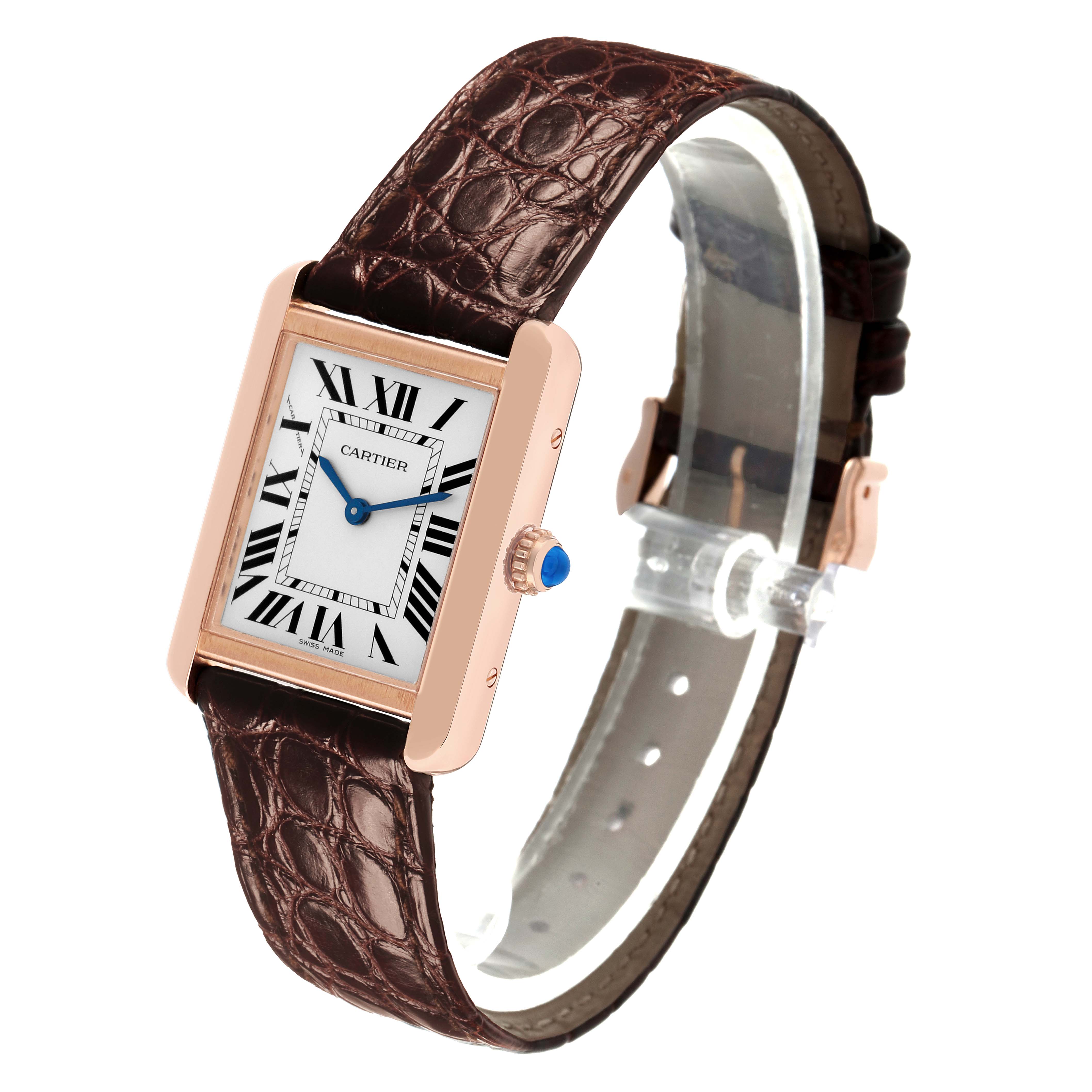 The Cartier Tank Solo W5200024 Women's Rose Gold Silver Dial watch is shown at a slight angle, displaying the face, crown, and brown leather strap.