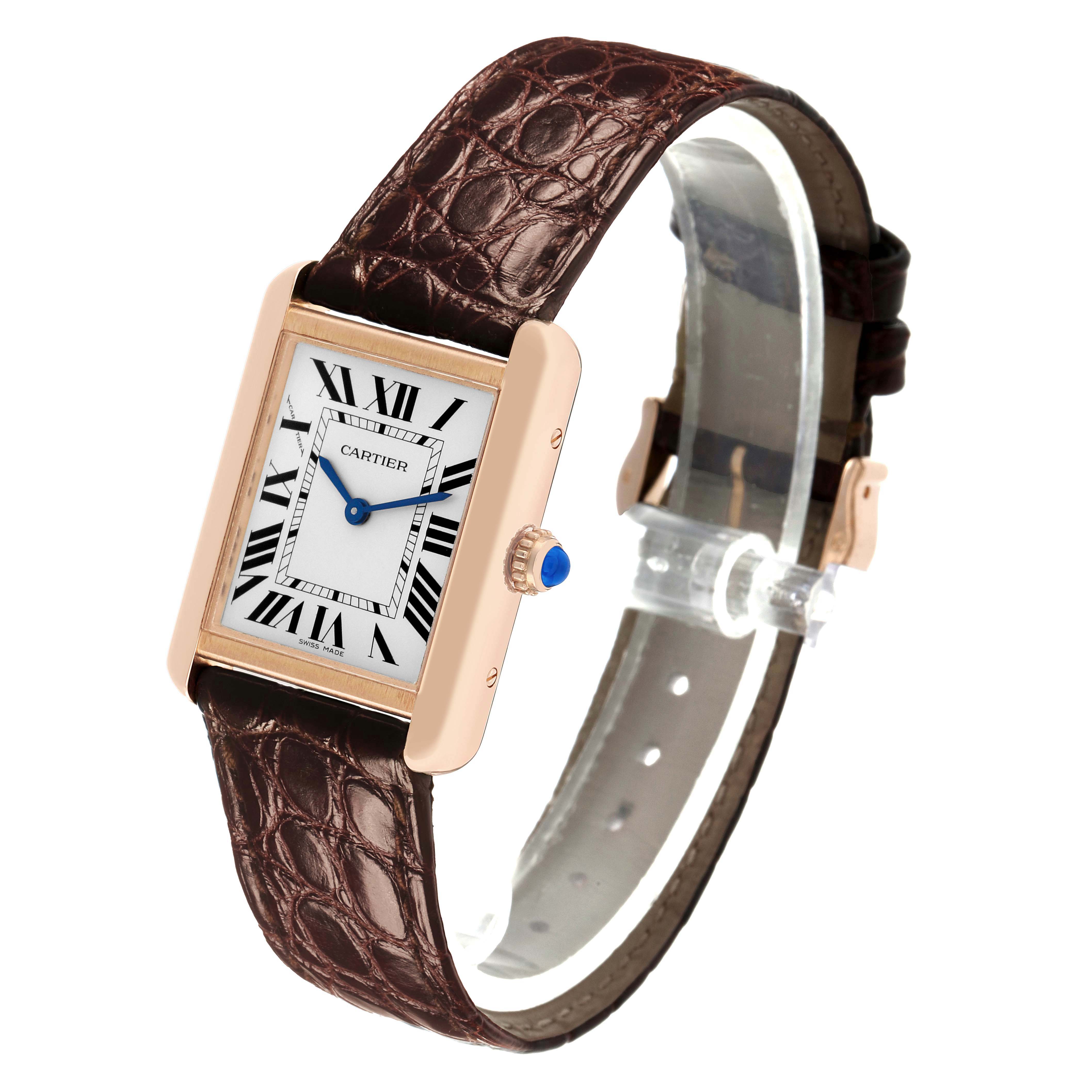 The Cartier Tank Solo W5200024 Women's Rose Gold Silver Dial watch is shown at a three-quarter angle, highlighting the face, brown leather strap, and crown.