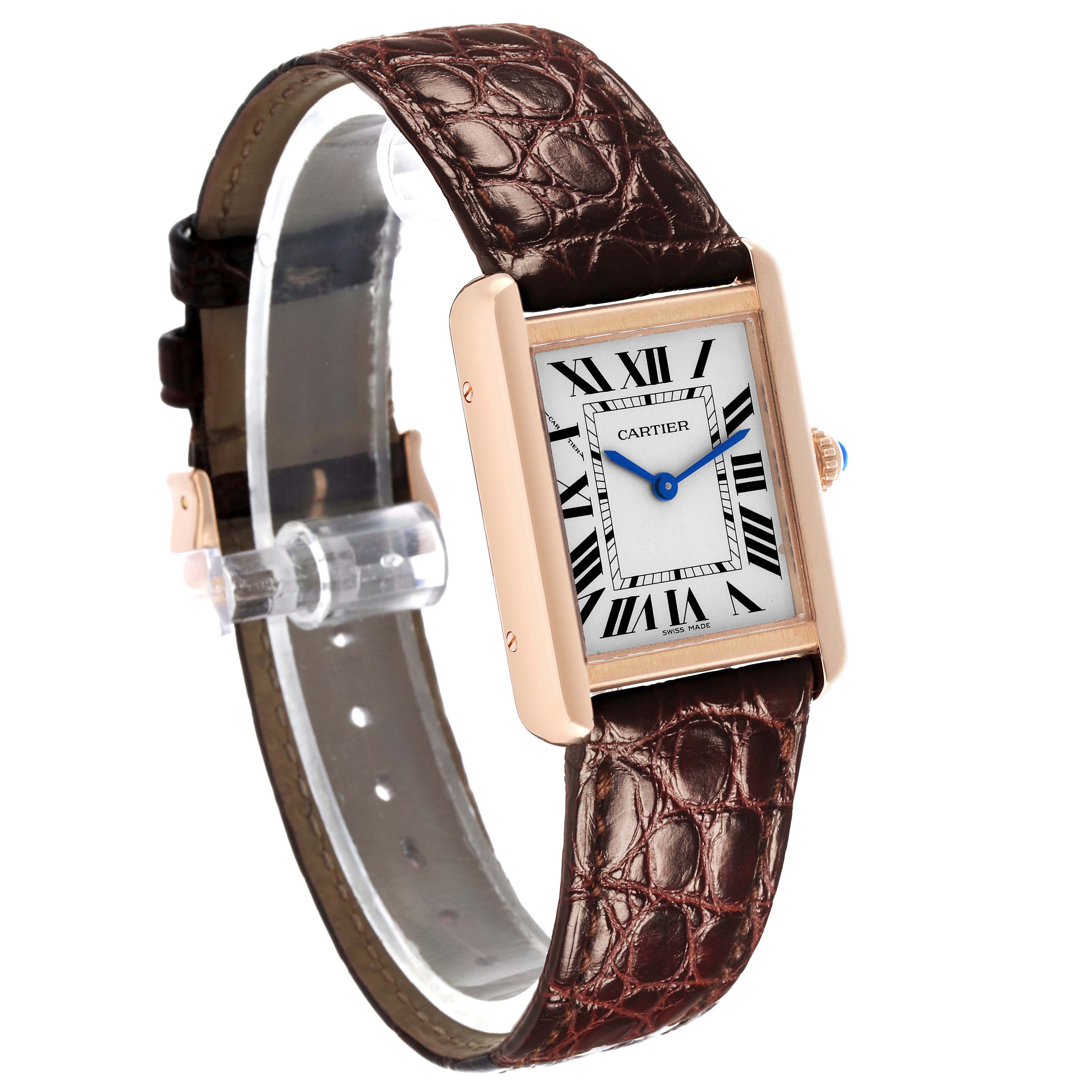 The Cartier Tank Solo W5200024 Women's Rose Gold Silver Dial watch is shown at a slight angle, displaying its face, case, and leather strap.