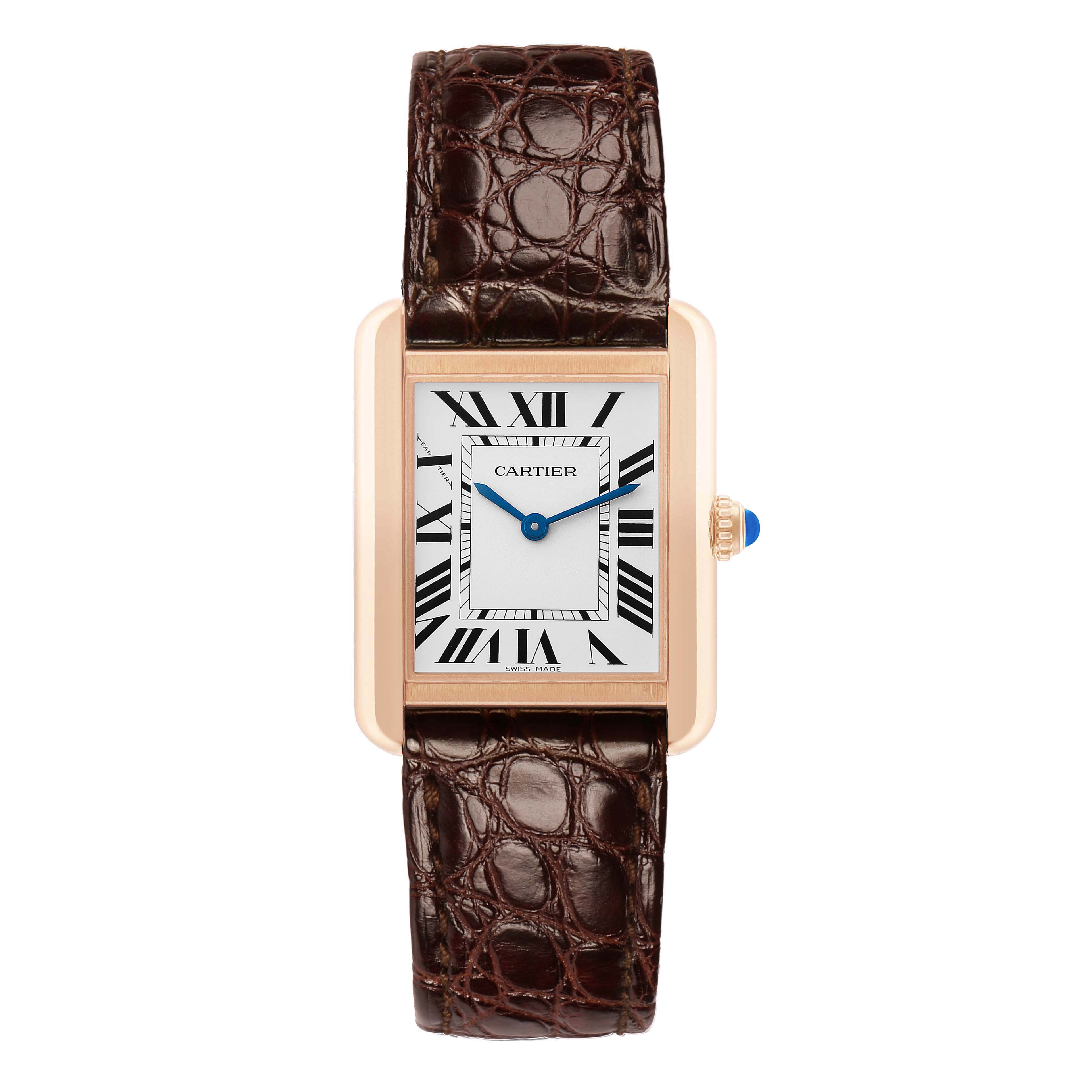 The Cartier Tank Solo W5200024 Women's Rose Gold Silver Dial watch is shown from a top view, highlighting its rectangular face, Roman numerals, and brown leather strap.