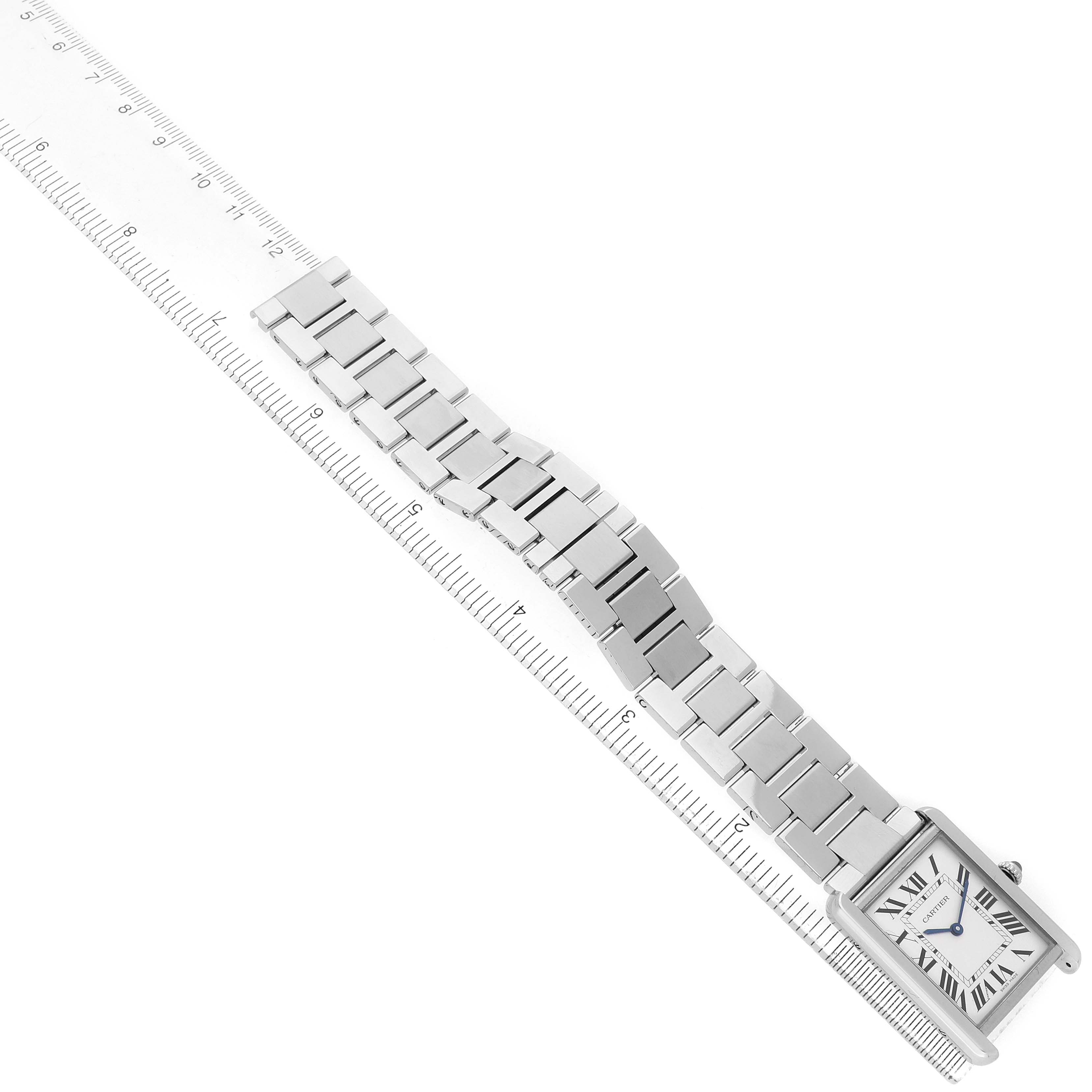 The Cartier Tank Solo W5200014 Men's Stainless Steel Silver Dial is shown diagonally with a focus on its face and metal bracelet.