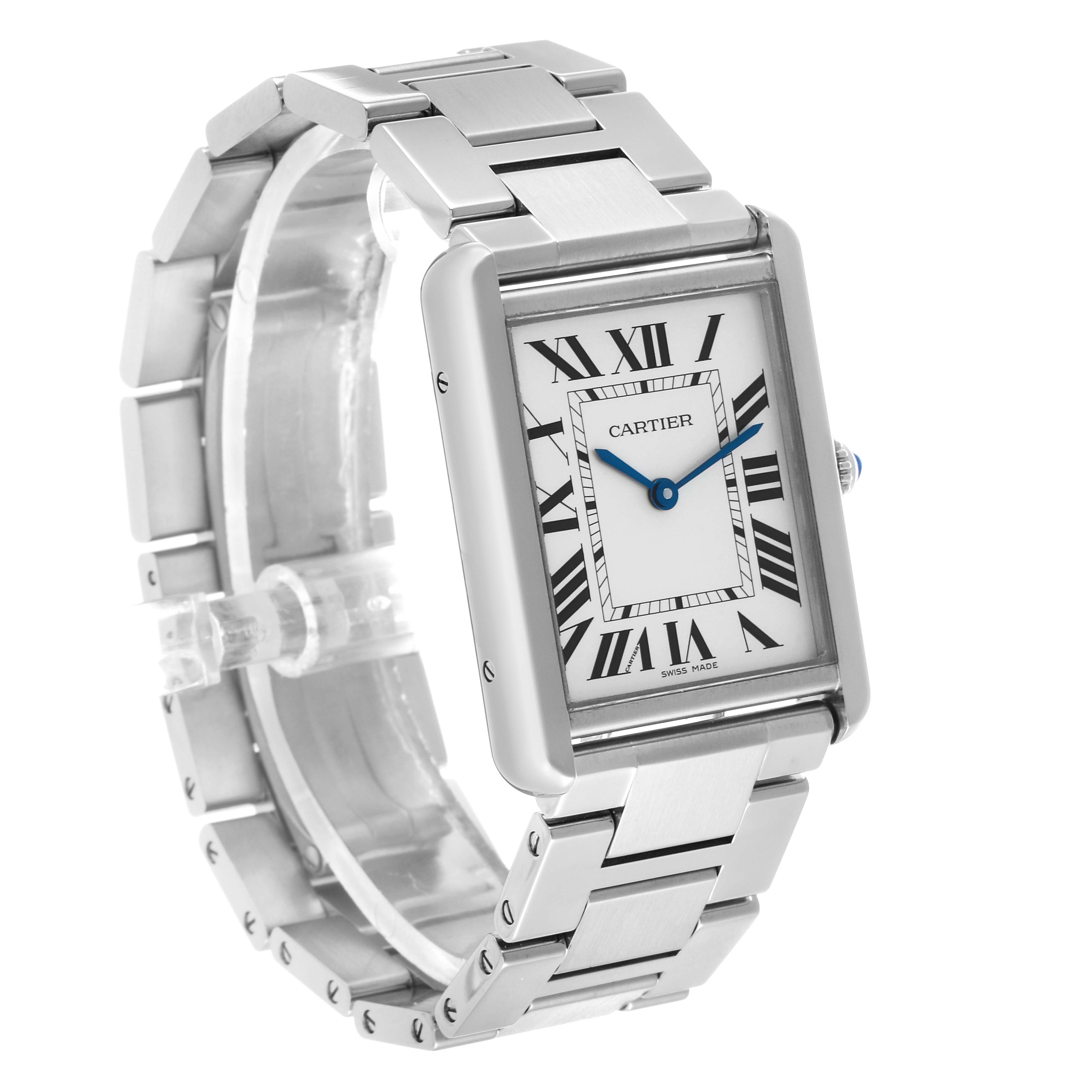 The Cartier Tank Solo W5200014 Men's Stainless Steel Silver Dial watch is shown at a slight angle, displaying its rectangular face, Roman numerals, and stainless steel bracelet.