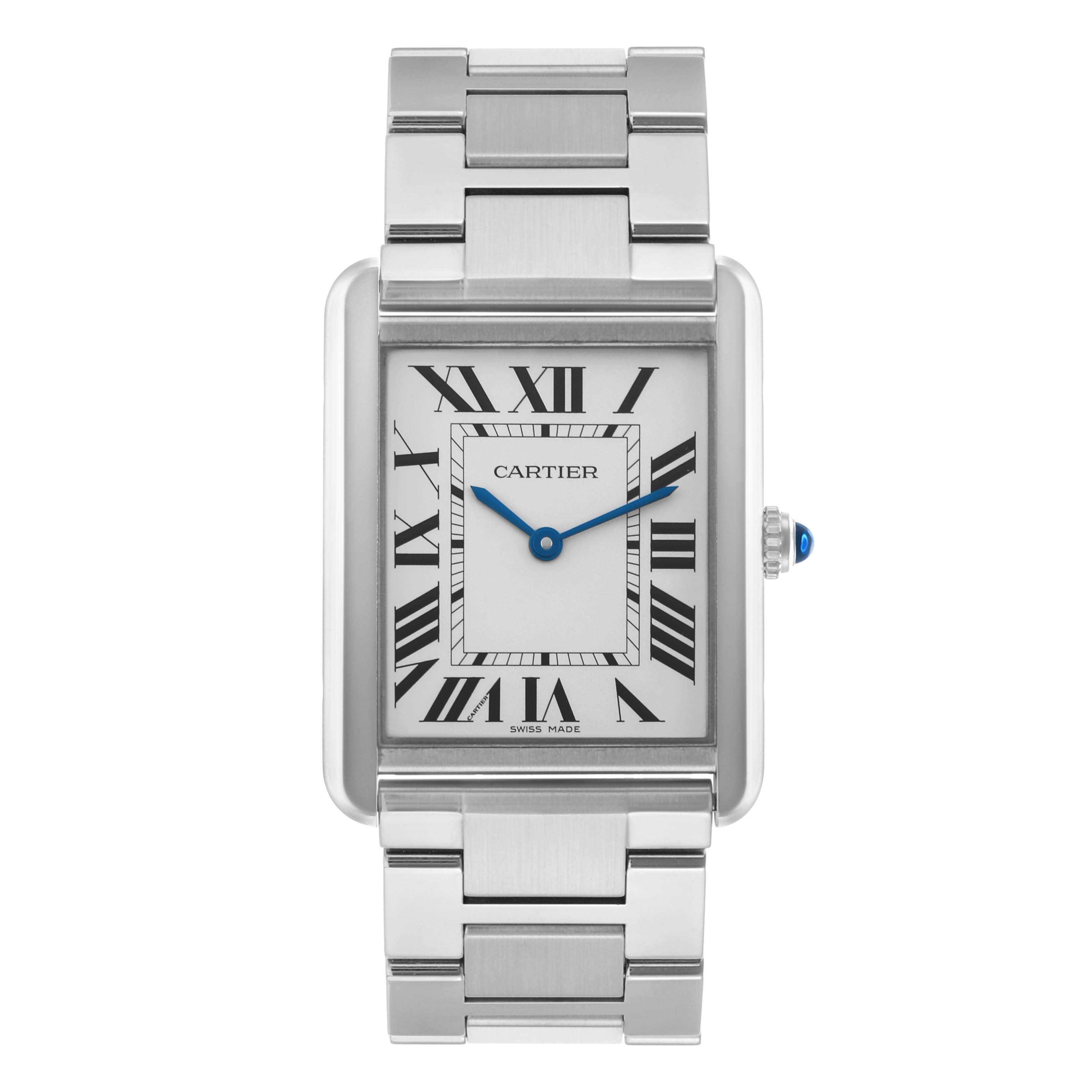 The Cartier Tank Solo W5200014 Men's Stainless Steel Silver Dial watch is shown from a front angle, displaying its rectangular dial, metal bracelet, and crown.