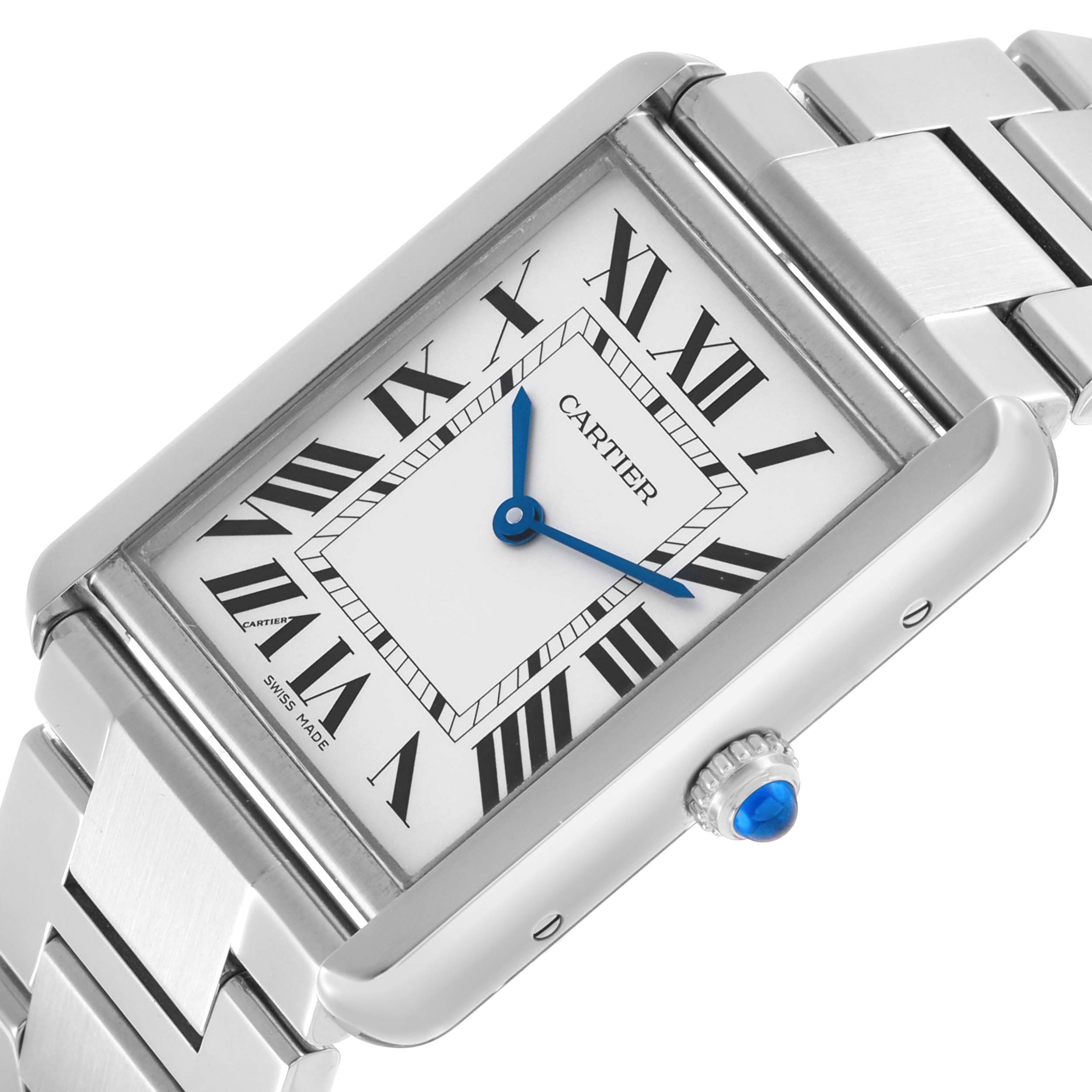 The Cartier Tank Solo W5200014 Men's Stainless Steel Silver Dial watch is shown at an angled view, featuring its rectangular face, Roman numerals, blue hands, and metal bracelet.