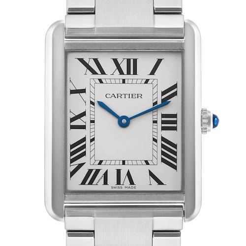 The Cartier Tank Solo W5200014 Men's Stainless Steel Silver Dial watch is shown from a front angle, displaying its face and part of the bracelet.