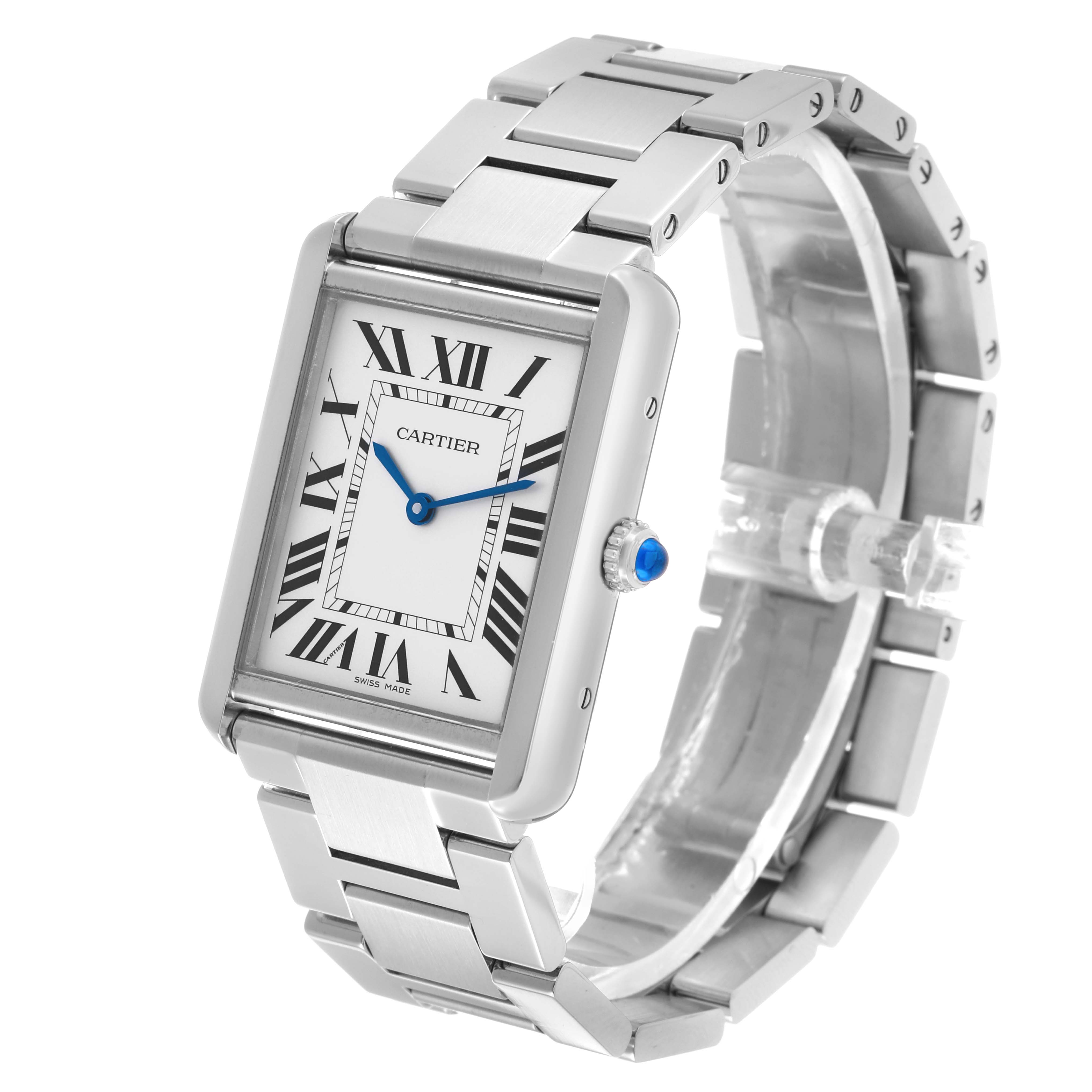 The Cartier Tank Solo W5200014 Men's Stainless Steel Silver Dial watch is shown at a front angle, highlighting its rectangular face, Roman numerals, blue hands, and metal bracelet.