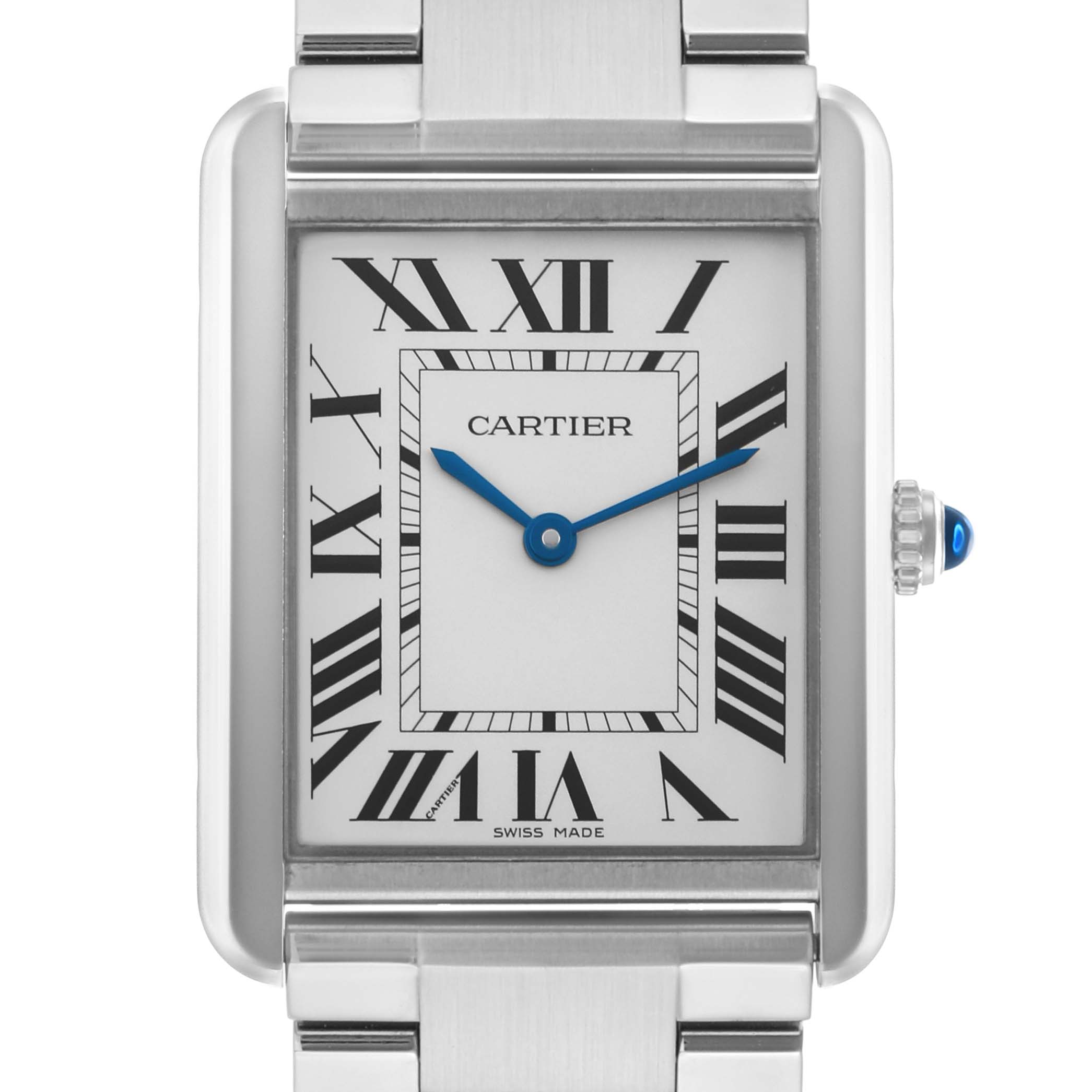 The Cartier Tank Solo W5200014 Men's Stainless Steel Silver Dial watch is shown from the front, highlighting the face, Roman numerals, and metal bracelet.