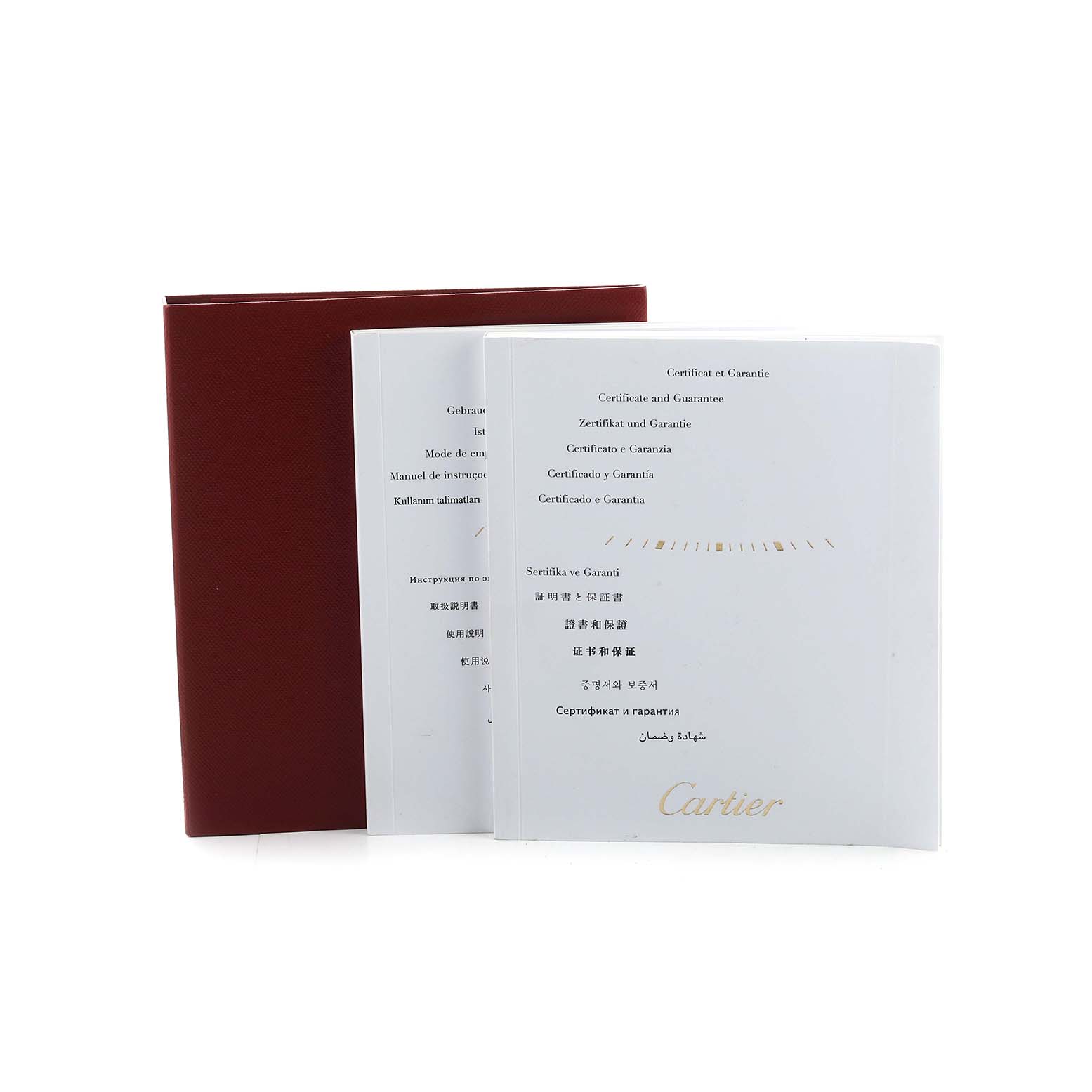 The image shows certification and guarantee documents for the Cartier Tank Solo W5200014 Men's Stainless Steel Silver Dial watch, alongside a red folder.