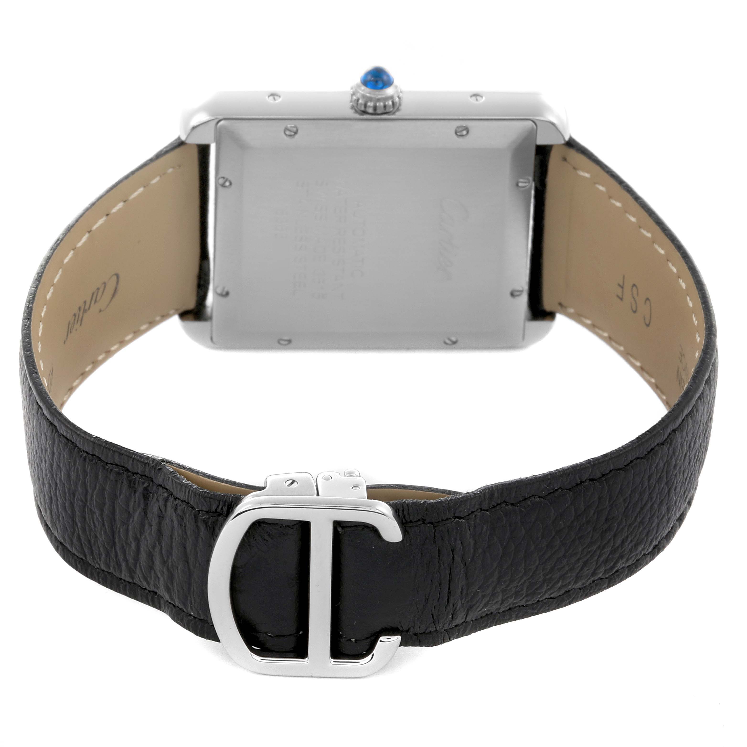 The Cartier Tank Solo W5200027 Men's Stainless Steel Silver Dial W5200027 Men's Stainless Steel Silver Dial watch is shown from the back, highlighting the case, strap, and buckle.