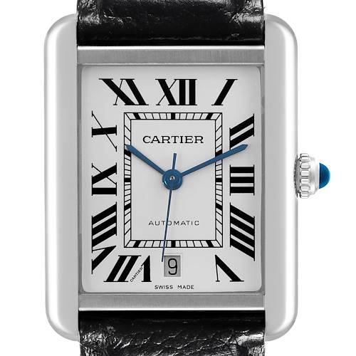 The Cartier Tank Solo watch is shown from the front, displaying its face, crown, and part of the strap.