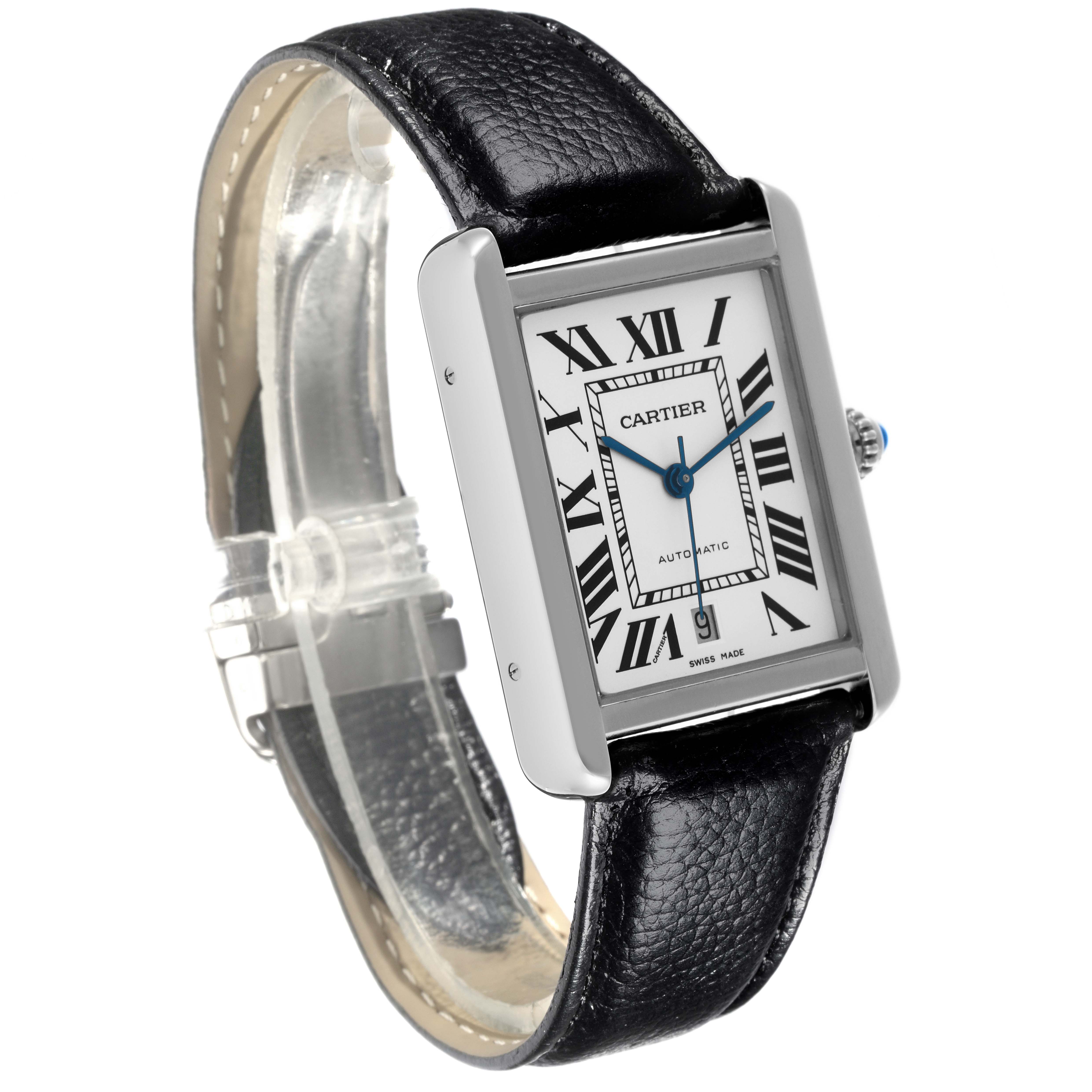 The Cartier Tank Solo W5200027 Men's Stainless Steel Silver Dial W5200027 Men's Stainless Steel Silver Dial watch is shown at an angled view displaying the face, crown, and leather strap.
