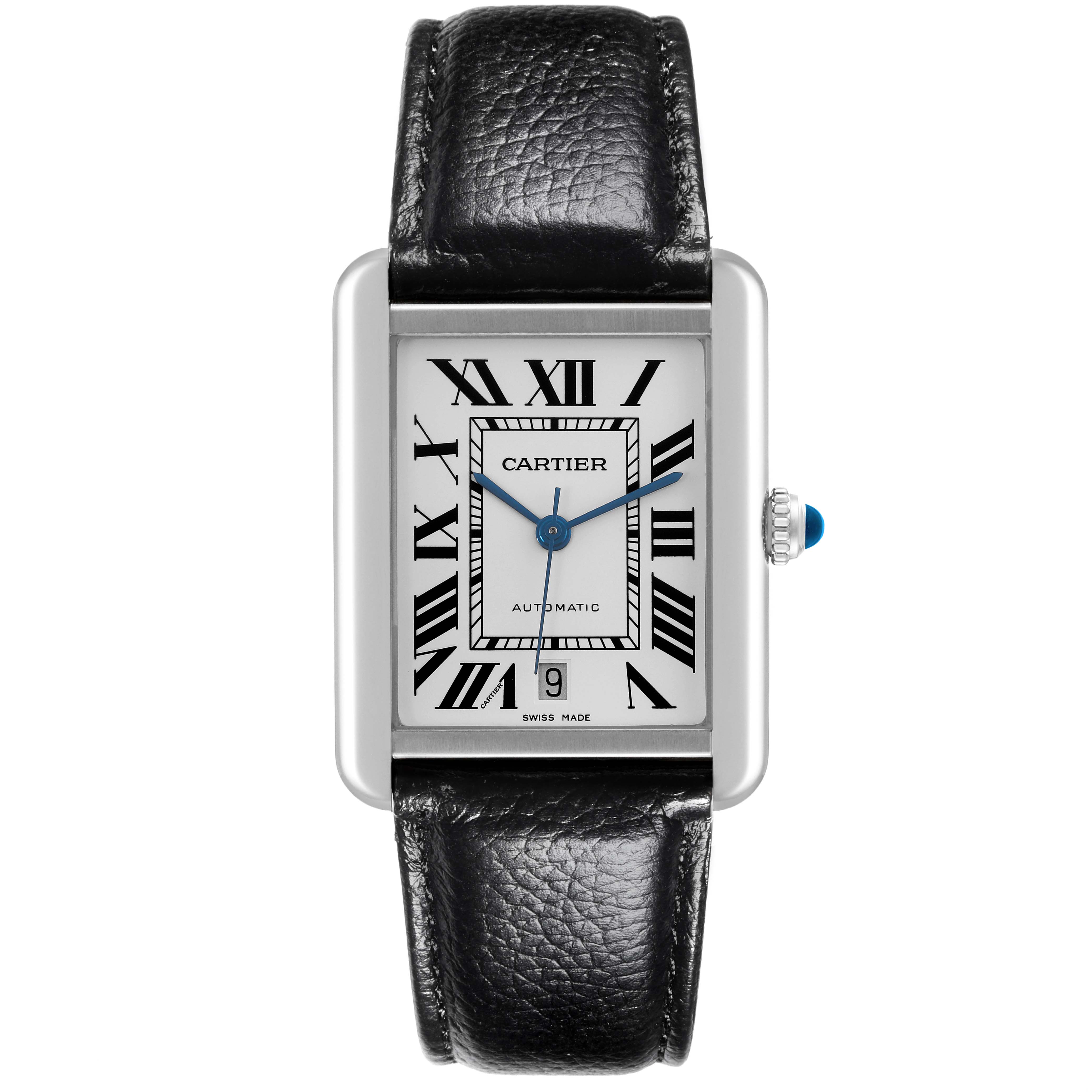 The Cartier Tank Solo W5200027 Men's Stainless Steel Silver Dial W5200027 Men's Stainless Steel Silver Dial watch is shown from the front, displaying the face, bezel, and strap.