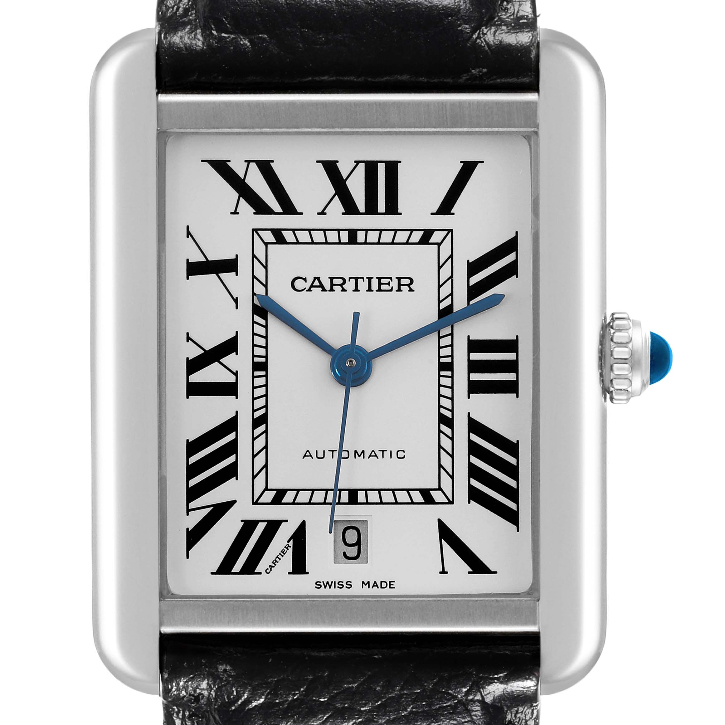 The Cartier Tank Solo W5200027 Men's Stainless Steel Silver Dial W5200027 Men's Stainless Steel Silver Dial watch is shown from a front angle, displaying its face, black leather strap, and blue cabochon crown.