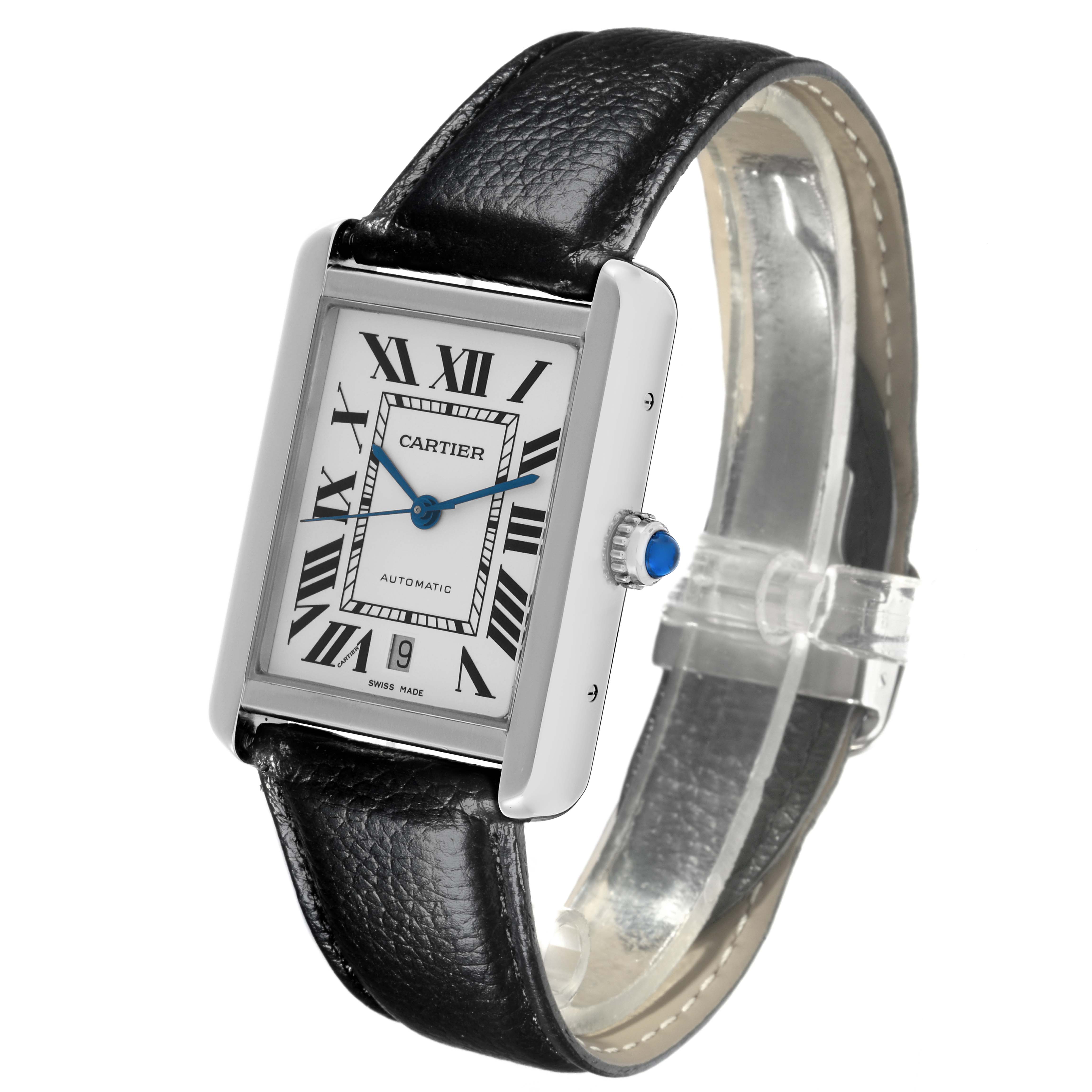 The Cartier Tank Solo W5200027 Men's Stainless Steel Silver Dial W5200027 Men's Stainless Steel Silver Dial watch is shown at an angle highlighting the rectangular face, Roman numerals, and black leather strap.
