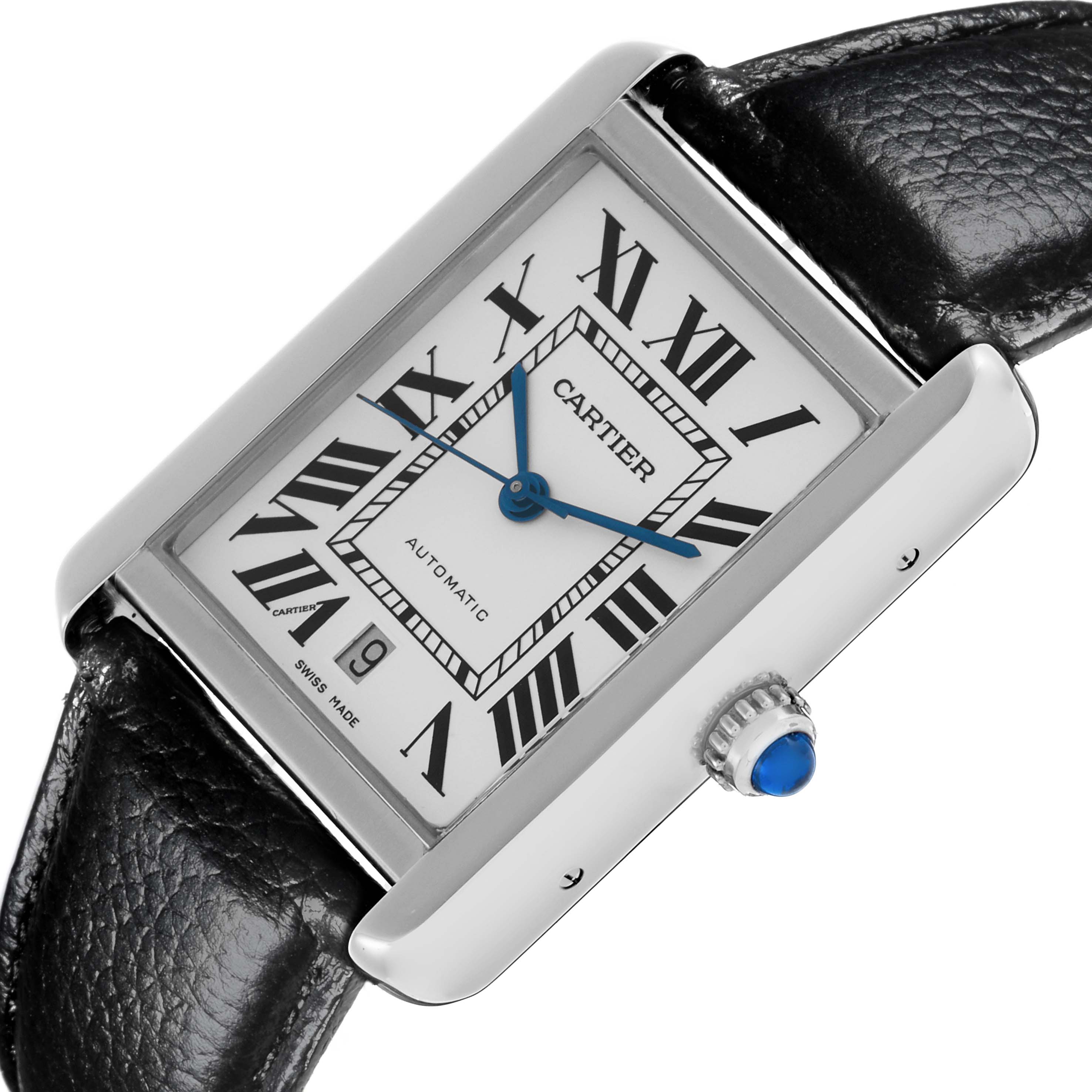 The Cartier Tank Solo W5200027 Men's Stainless Steel Silver Dial W5200027 Men's Stainless Steel Silver Dial watch is shown at a tilted angle, featuring the face, Roman numerals, blue hands, crown, and leather strap.