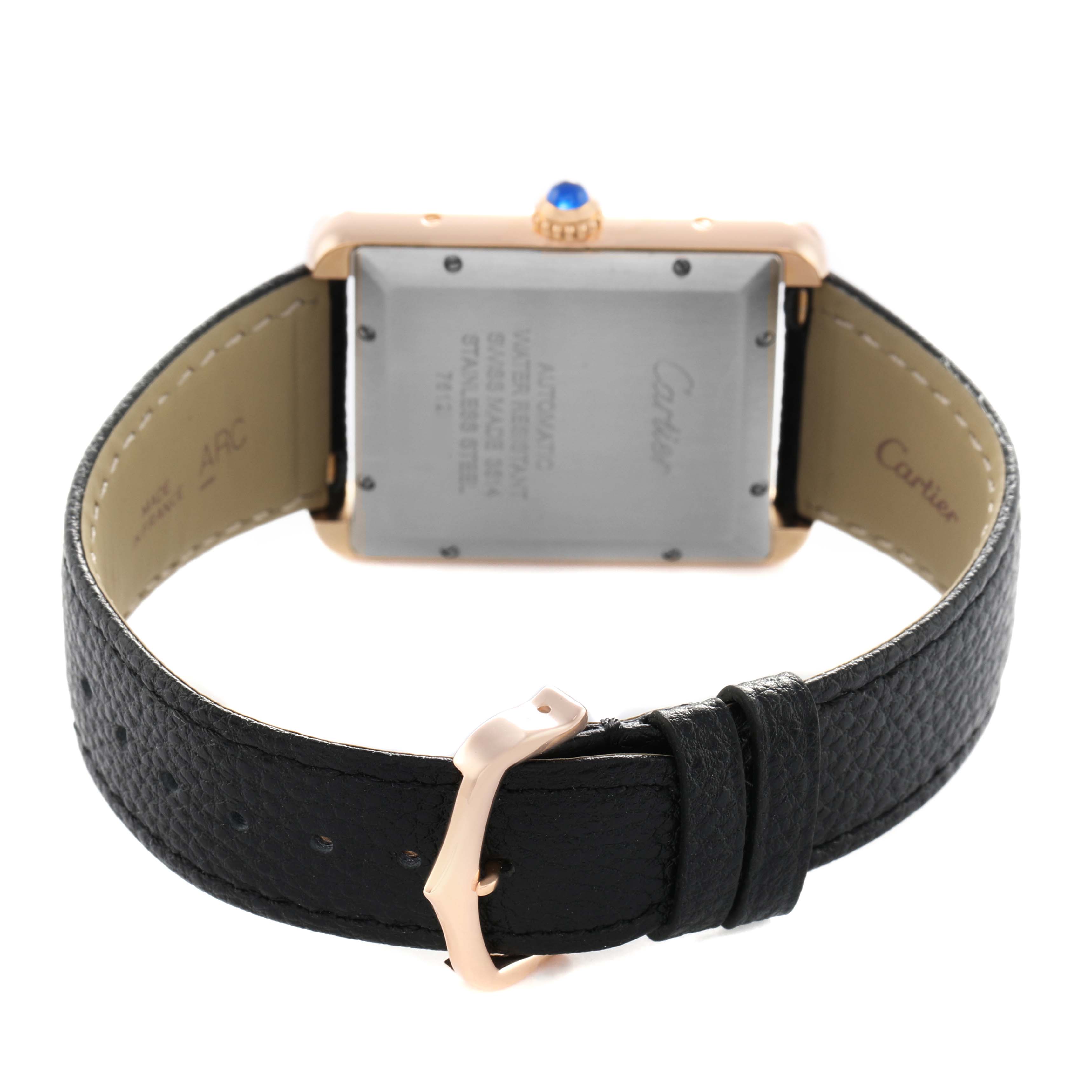 The Cartier Tank Solo W5200026 Men's Rose Gold Silver Dial watch is shown from a rear angle, displaying the case back, crown, and clasp on the leather strap.