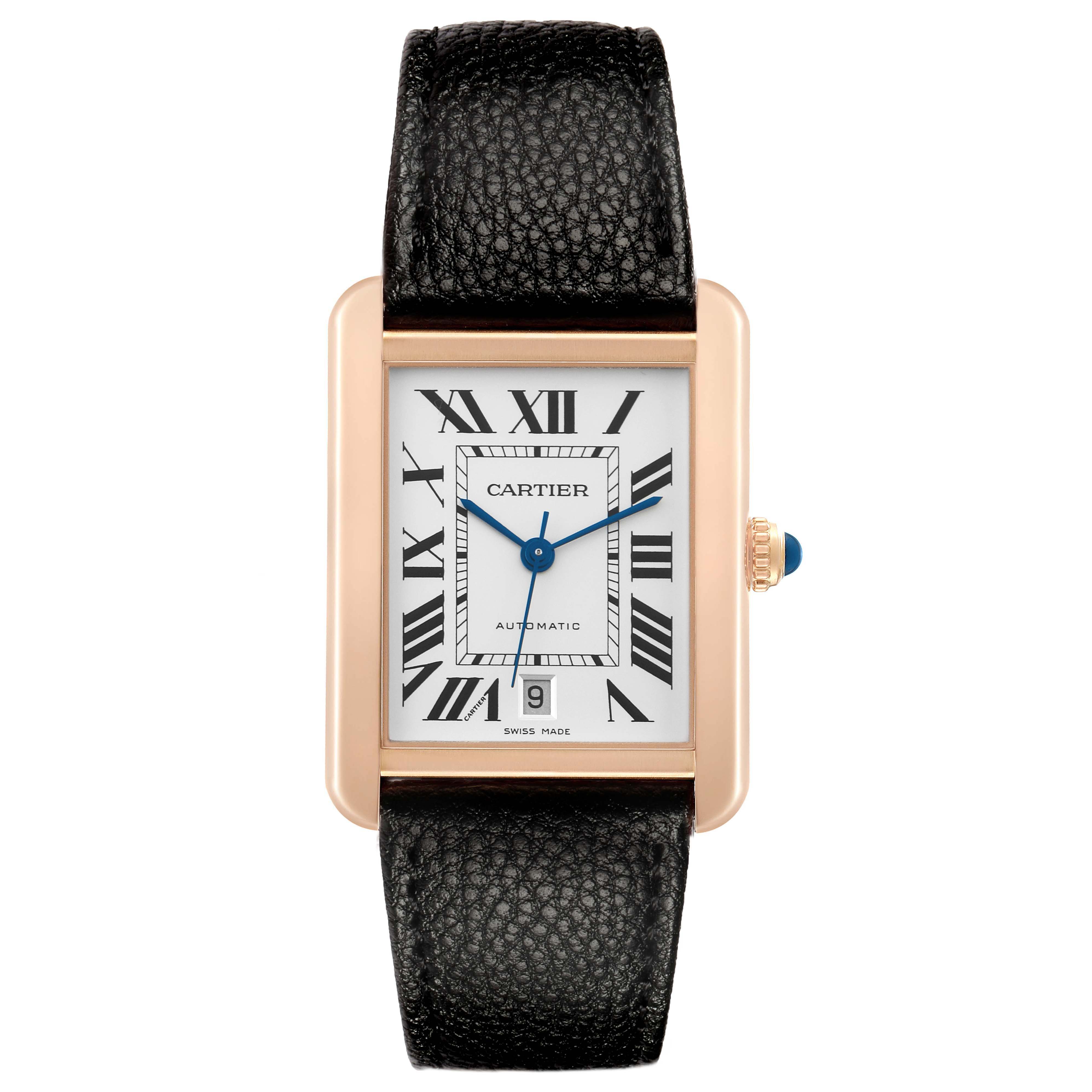 The Cartier Tank Solo W5200026 Men's Rose Gold Silver Dial watch is shown from a top view, highlighting its rectangular face, Roman numerals, and leather strap.
