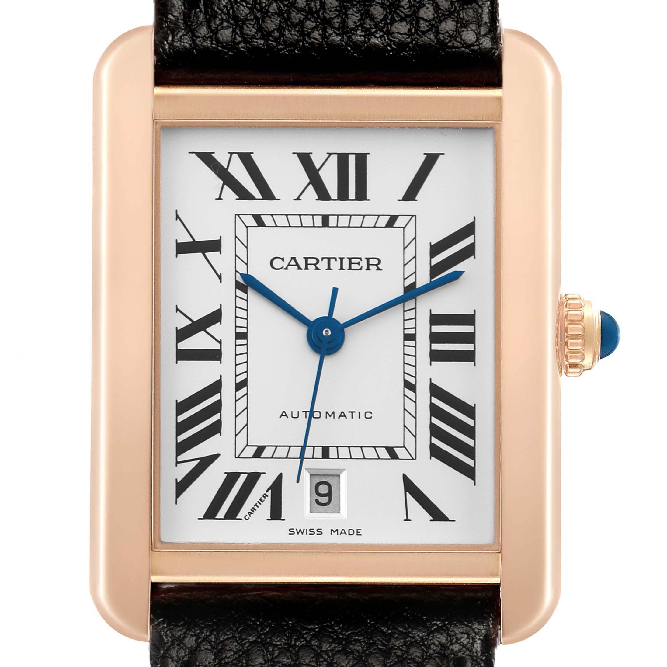 This Tank Solo model by Cartier is shown from the front, highlighting its rectangular dial, Roman numerals, and blue hands.