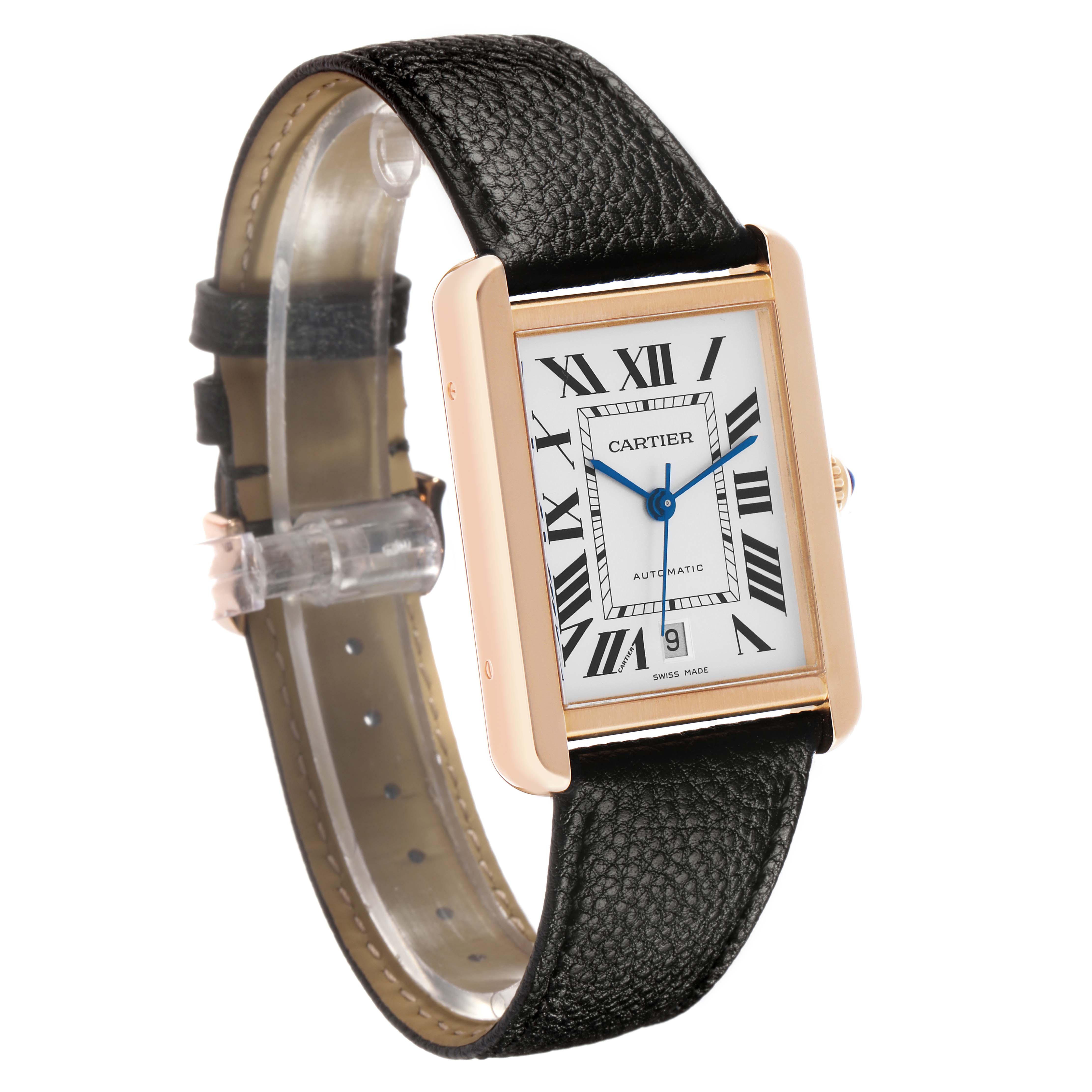 The Cartier Tank Solo W5200026 Men's Rose Gold Silver Dial watch is shown at a slight angle, displaying the face, case, and part of the leather strap.