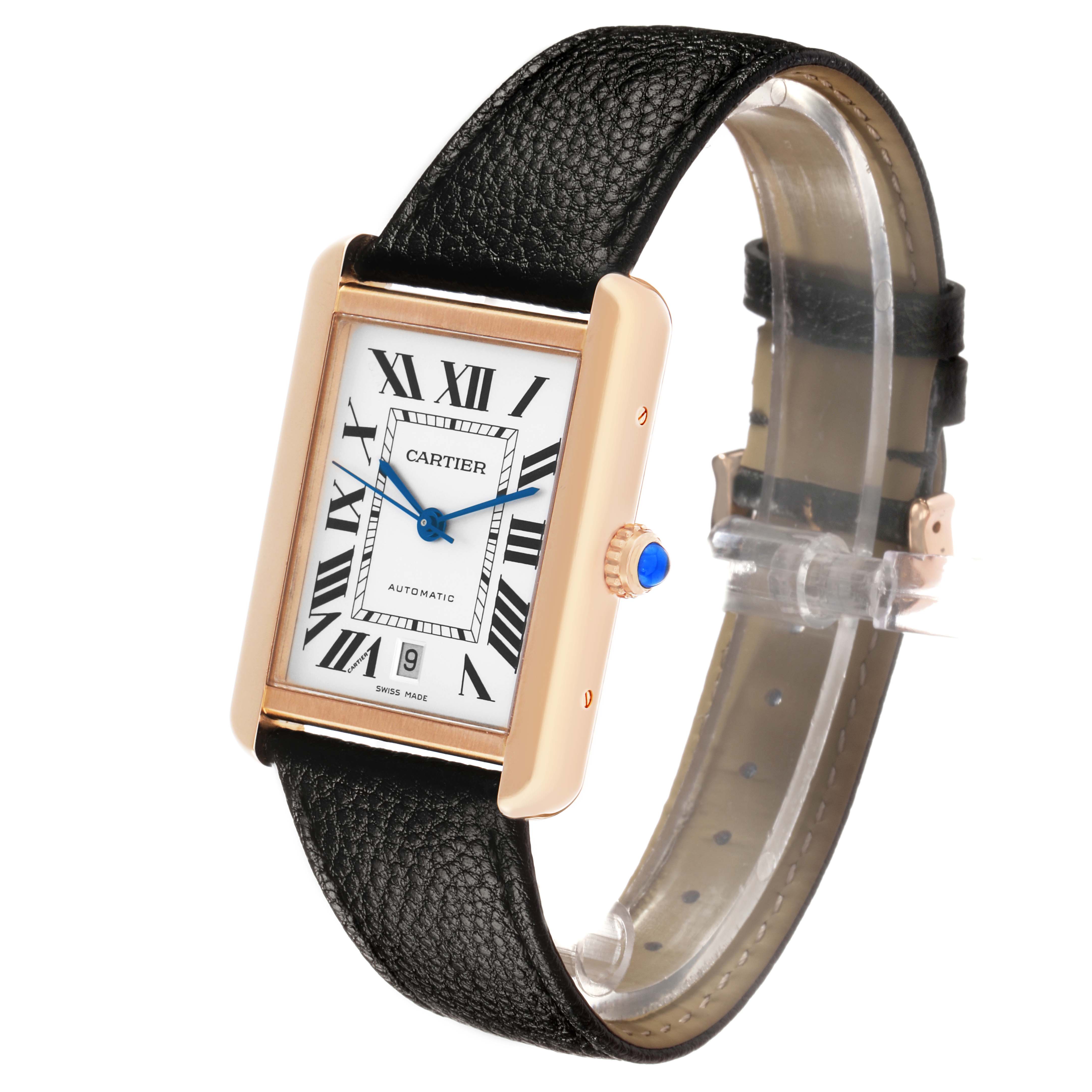The Cartier Tank Solo W5200026 Men's Rose Gold Silver Dial watch is shown at a three-quarter angle, highlighting the face, crown, and black leather strap.